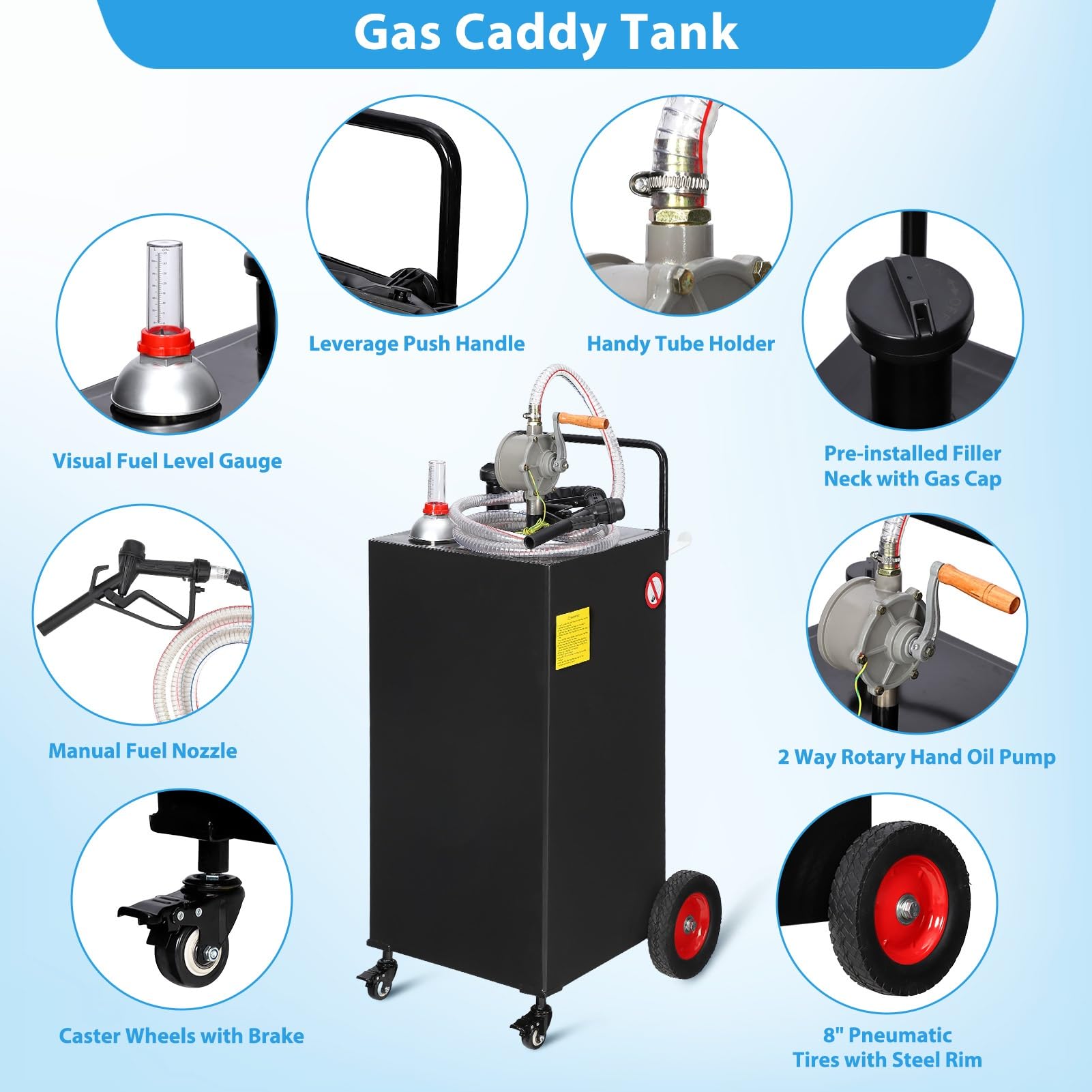 Garvee 30 Gallon Fuel Caddy With Manual Transfer Pump Heavy-Duty Stainless Steel 4-Wheel Mobile Design For Gasoline Diesel