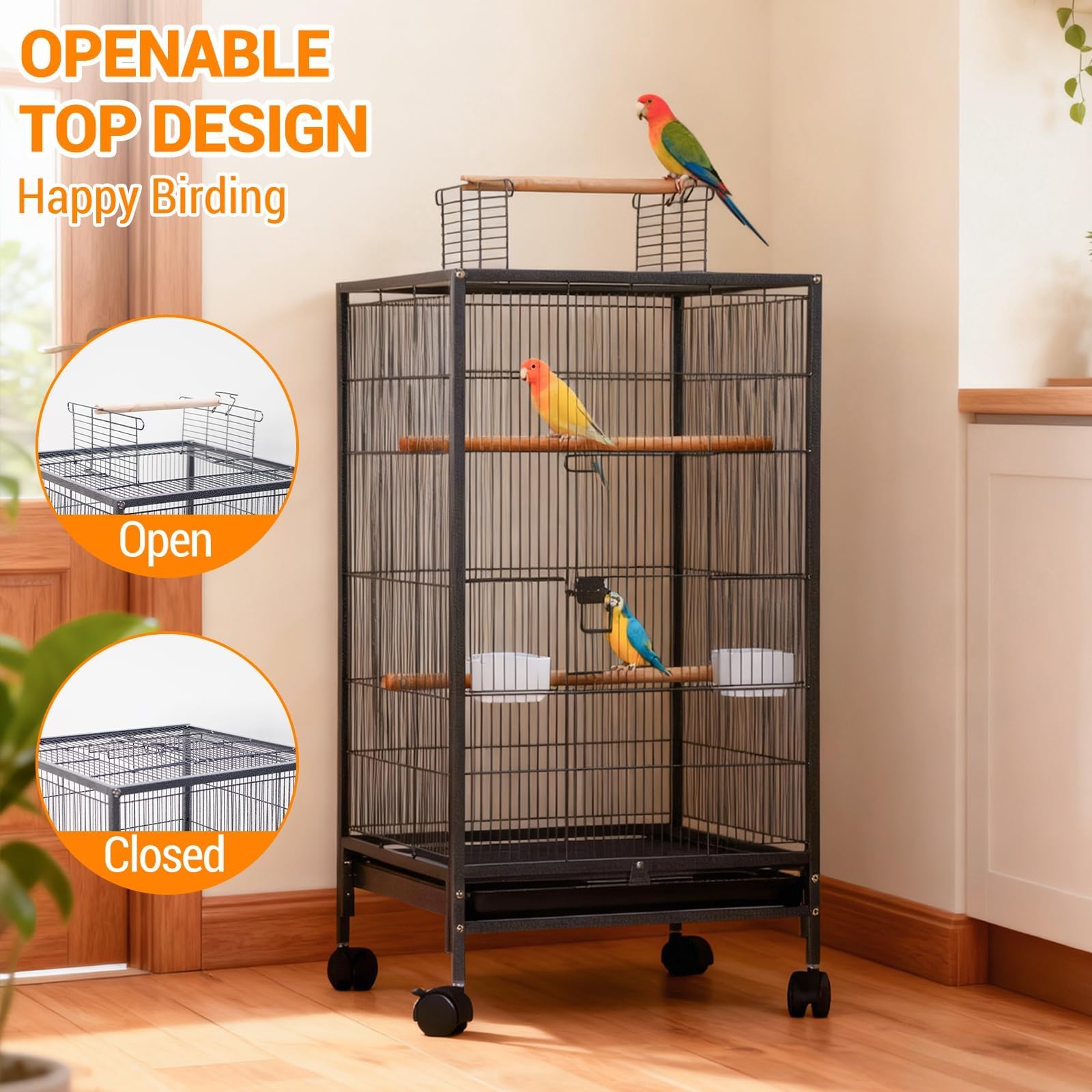 Garvee Small Bird Cage with Wheels, Parakeet Cage, Bird Carrier for Parakeets, Canaries, Lovebirds, Small Quaker, Cockatiels, Budgie, Green Cheek, 40in, Green