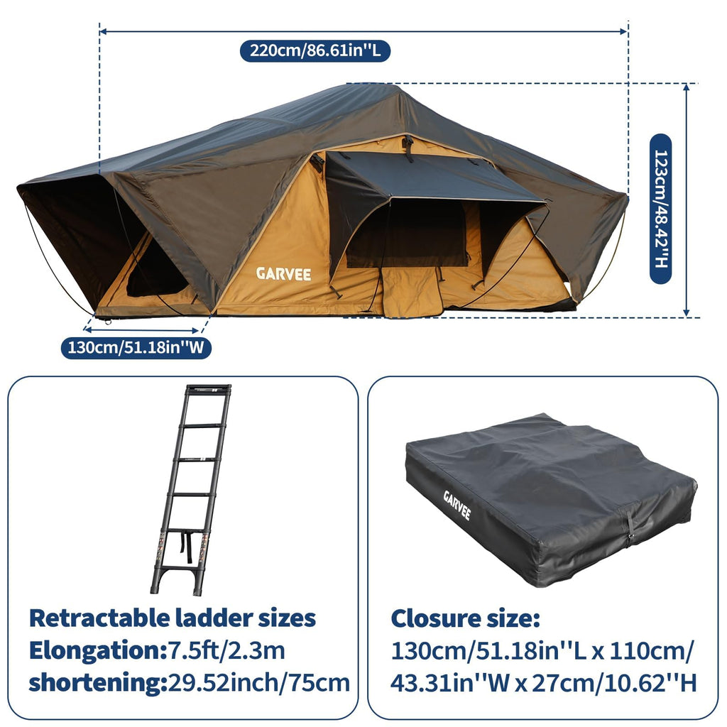 Garvee Rooftop Tent Soft Shell With Telescopic Ladder & LED Light For 2-3 Person Camping On Truck SUV Van Trailer Waterproof UV Resistant 4-Season Design
