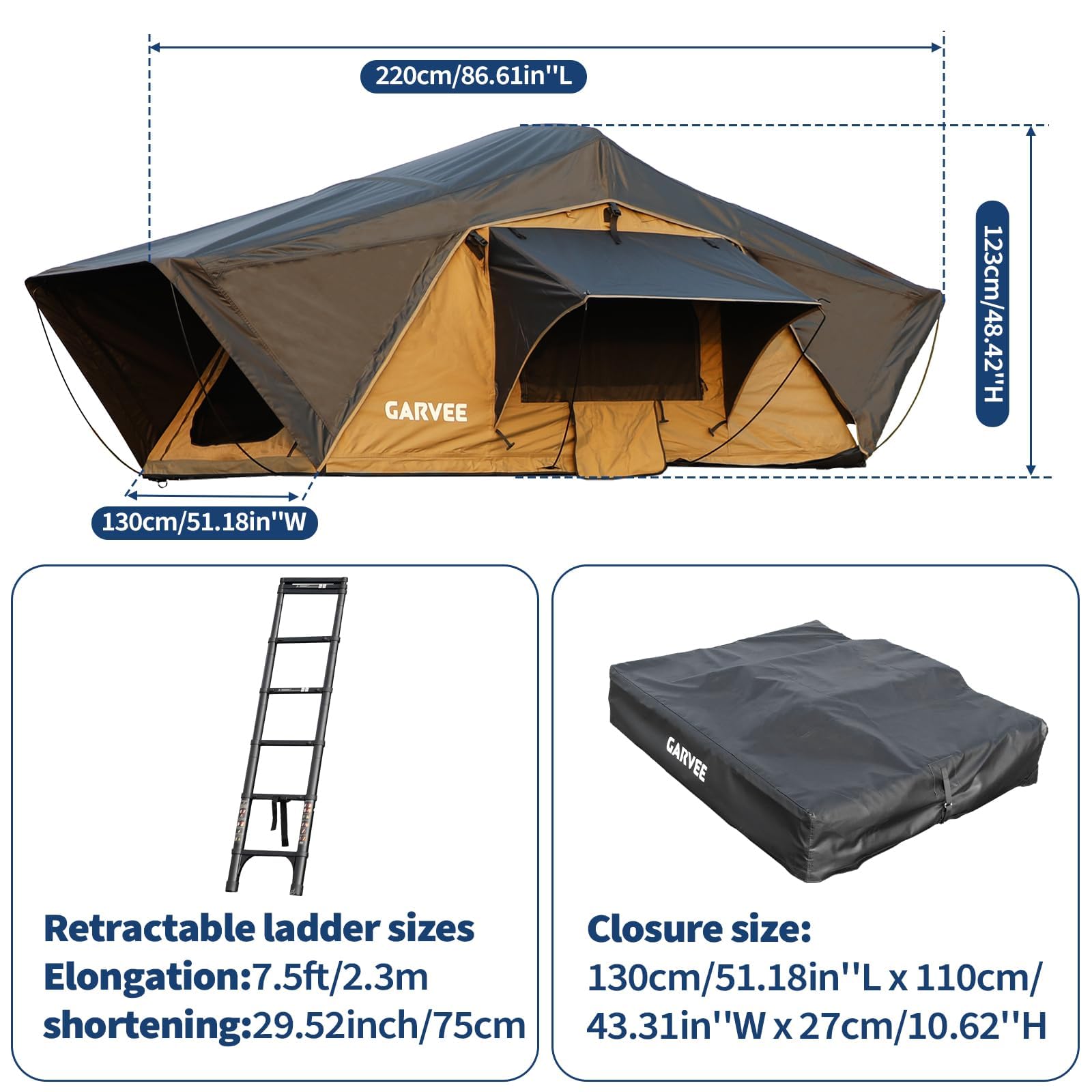 Garvee Rooftop Tent Soft Shell With Telescopic Ladder & LED Light For 2-3 Person Camping On Truck SUV Van Trailer Waterproof UV Resistant 4-Season Design
