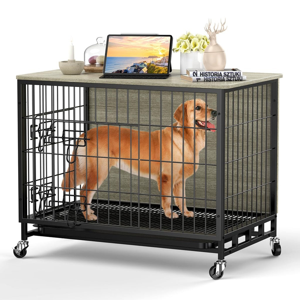 Garvee Dog Crate Furniture, 38.6" Dog Kennel Indoor Double Doors Wooden Dog Cage Crate with Pull-Out Tray & Removable Wheels, Decorative End Table Pet House Chew-Resistant for Large Dog, Grey