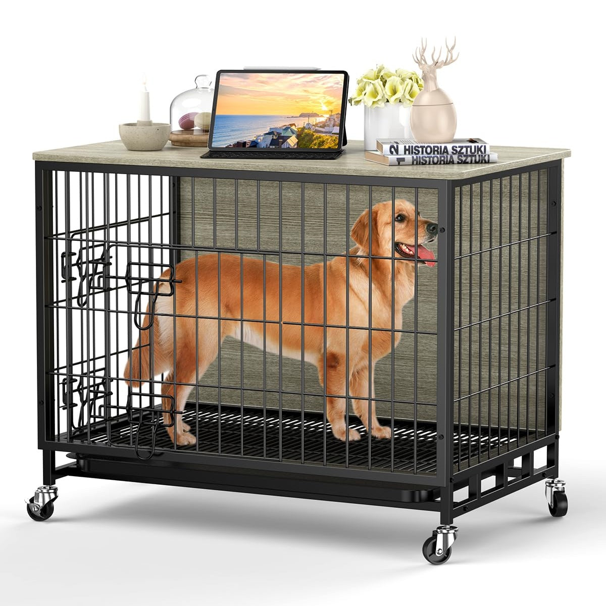 Garvee Dog Crate Furniture, 38.6" Dog Kennel Indoor Double Doors Wooden Dog Cage Crate with Pull-Out Tray & Removable Wheels, Decorative End Table Pet House Chew-Resistant for Large Dog, Grey
