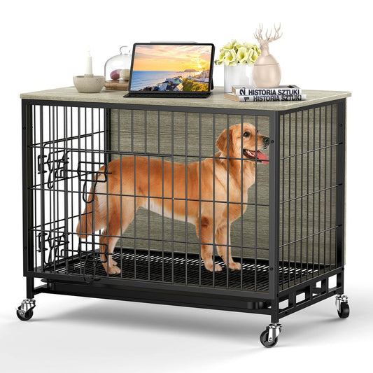 Garvee Dog Crate Furniture, 38.6" Dog Kennel Indoor Double Doors Wooden Dog Cage Crate with Pull-Out Tray & Removable Wheels, Decorative End Table Pet House Chew-Resistant for Large Dog, Grey