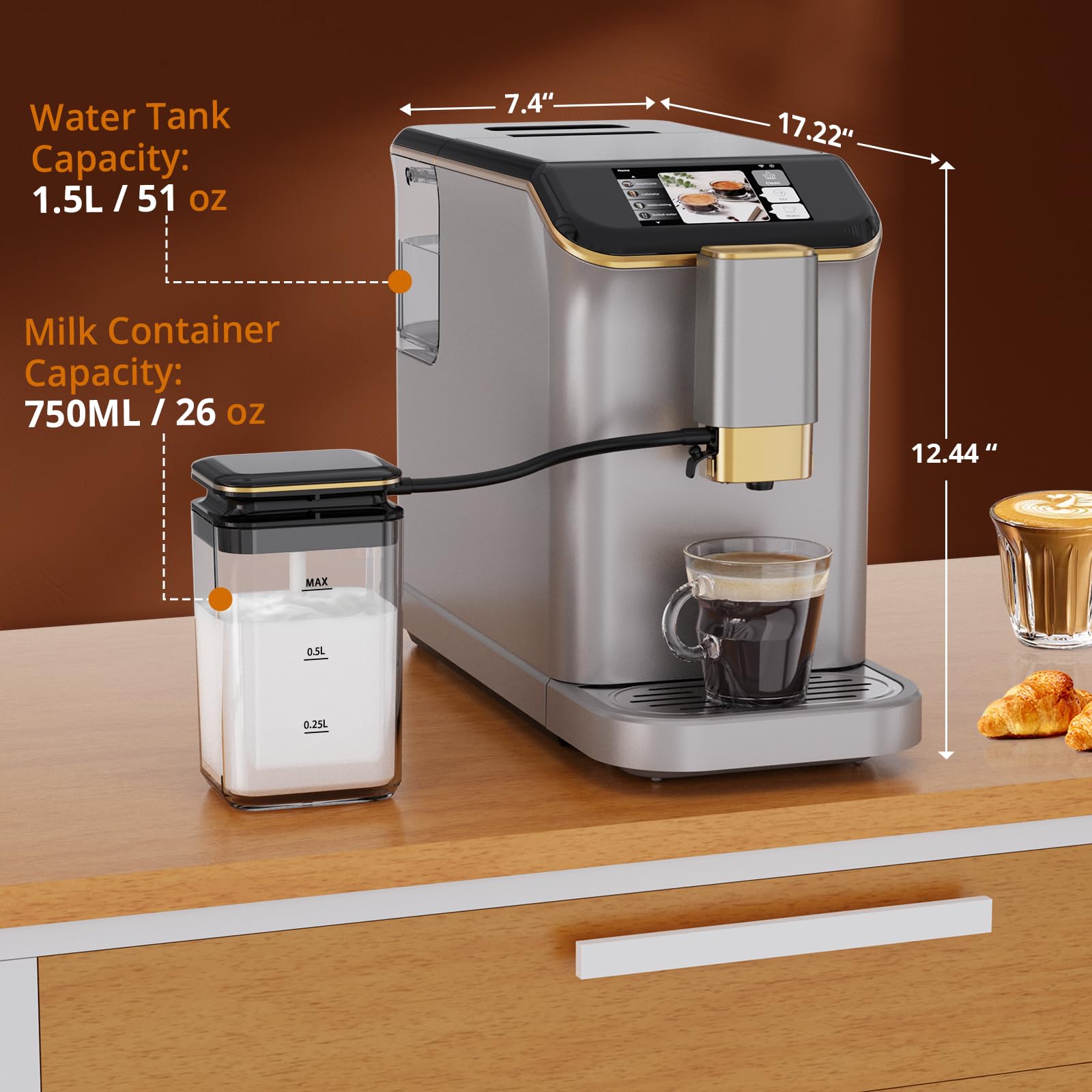 Garvee Automatic Espresso Machine, Coffee Machine with Grinder, Espresso Maker with Automatic Milk Frother, 20 Bar Latte Machine, TFT Touch Screen for Cappuccino, Americano(Silver+Gold)