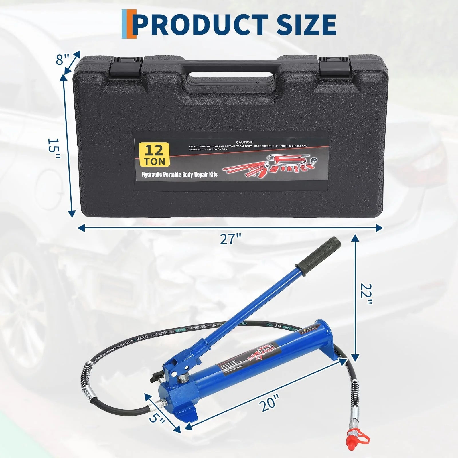 Garvee Porta Power Hydraulic Kit - 12-Ton Porta Power Jack with Hydraulic Pusher Puller, Portable Ram Kit for Auto Body Repair, Blue