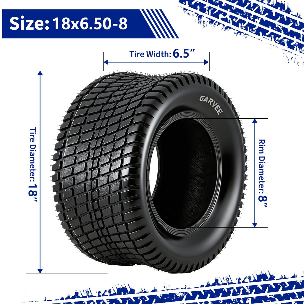 Garvee 18x6.50-8 Lawn Mower Tires Set Of 2 4-Ply Tubeless Garden Tractor Turf Tires For Mowers & Yard Carts 18x6.50x8 Black