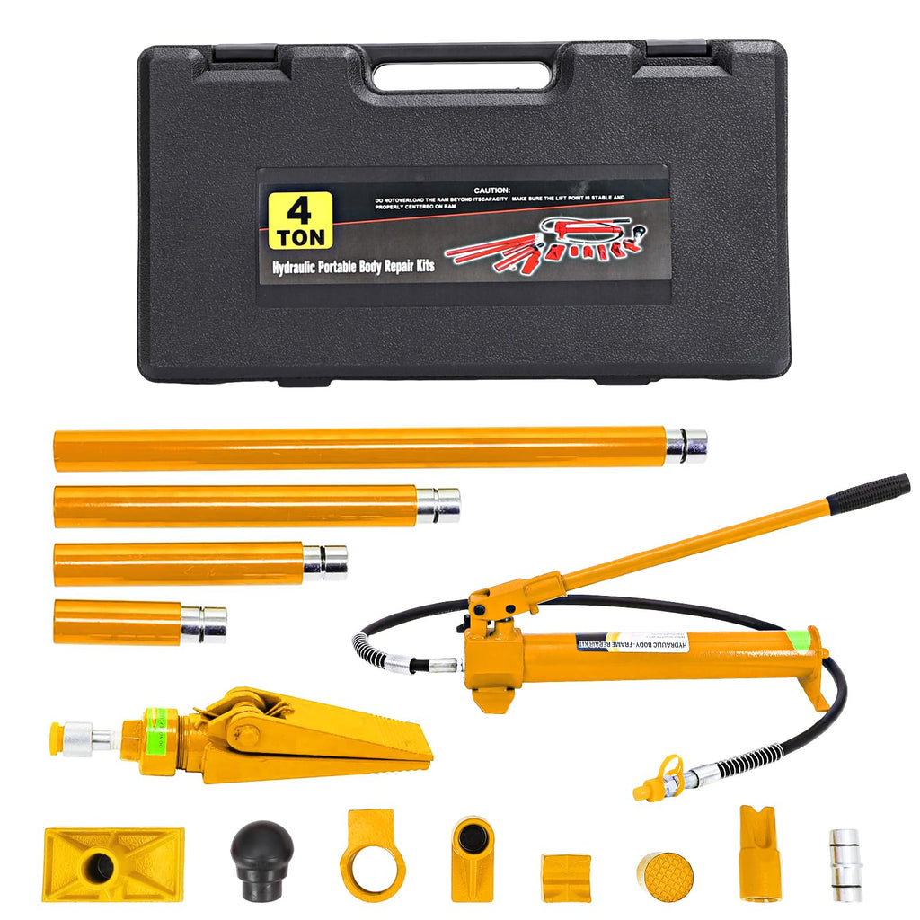 Garvee 4 Ton Porta Power Kit Heavy Duty Hydraulic Ram with Secure Transport Case for Auto Shop Frame Repair, Professional Grade Lifting Tool, Yellow