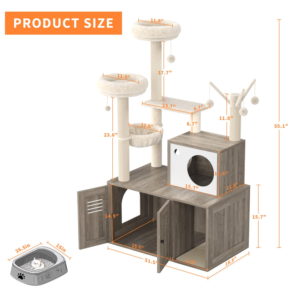 Garvee Cat Tree with Litter Box Enclosure, Sisal Scratching Post, Modern Wooden Cat Tower, Rustic Grey, 31.5''x18.9''