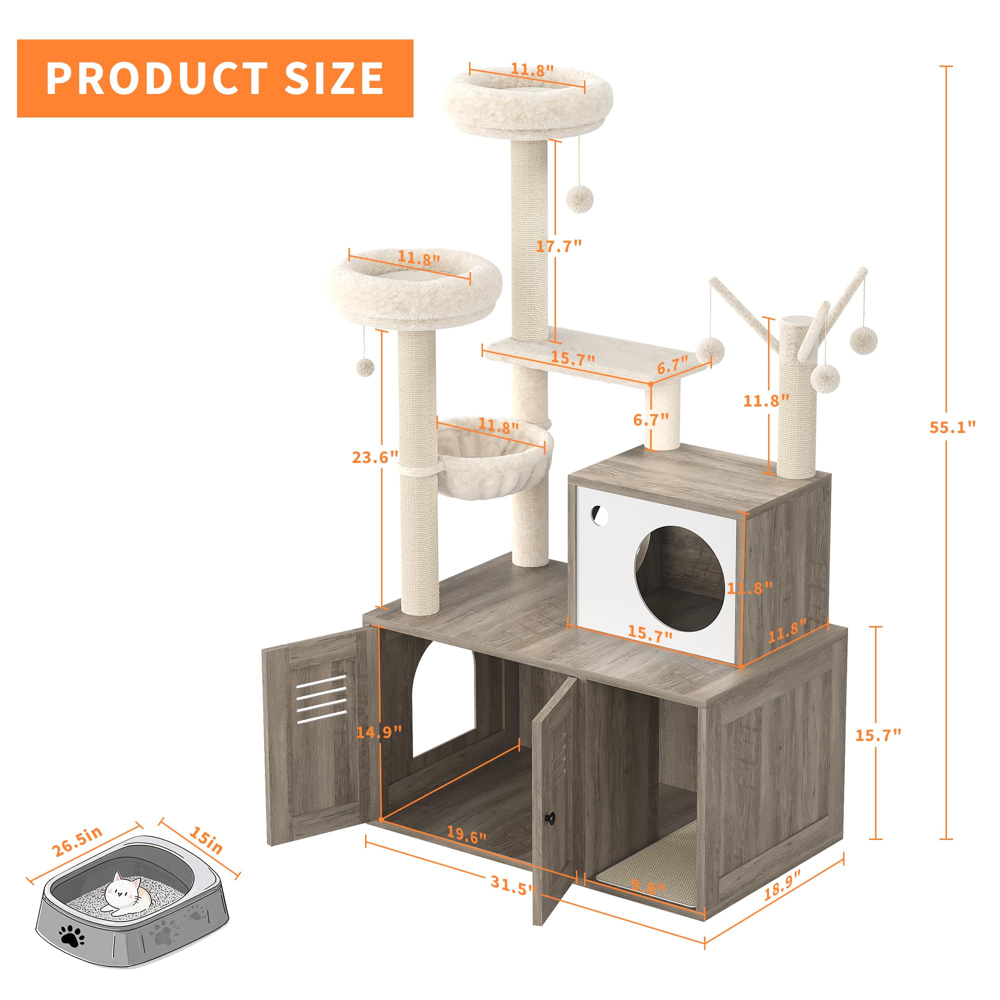Garvee Cat Tree with Litter Box Enclosure, Sisal Scratching Post, Modern Wooden Cat Tower, Rustic Grey, 31.5''x18.9''