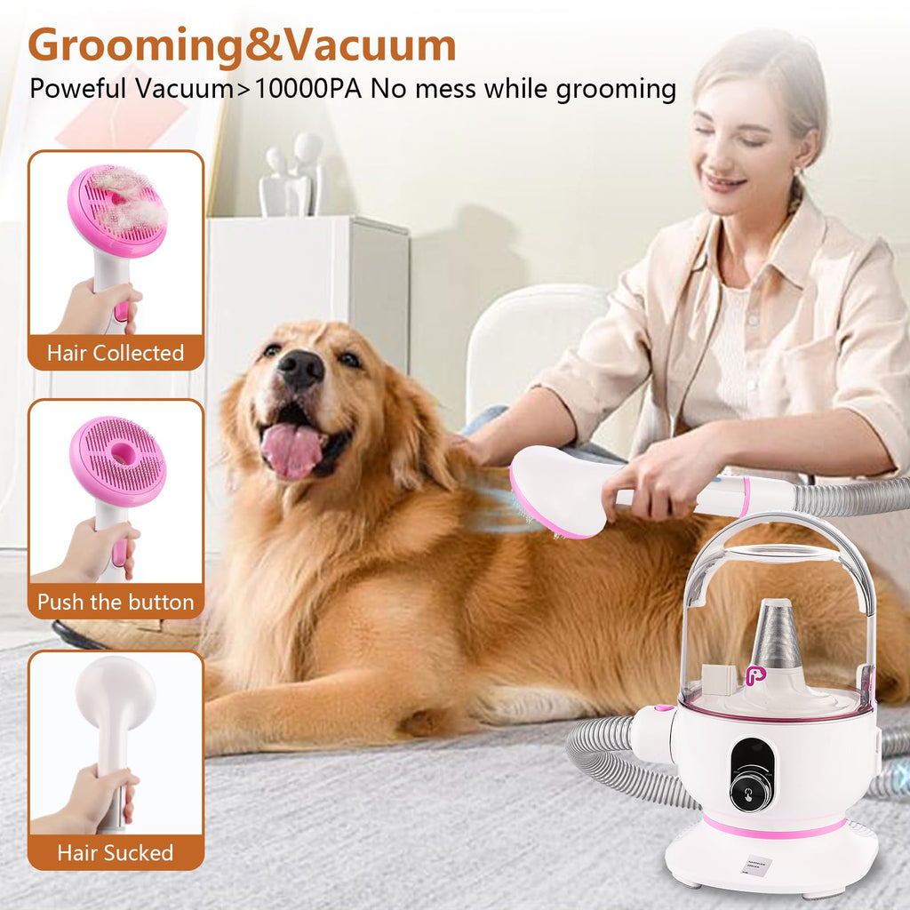 Garvee Pet Grooming Vacuum, 13.4Kpa Suction Power, 2 L Large Dust Cup Low Noise Dog Hair Remover , 5 Professional Grooming Kit for Dogs and Cats, Pink