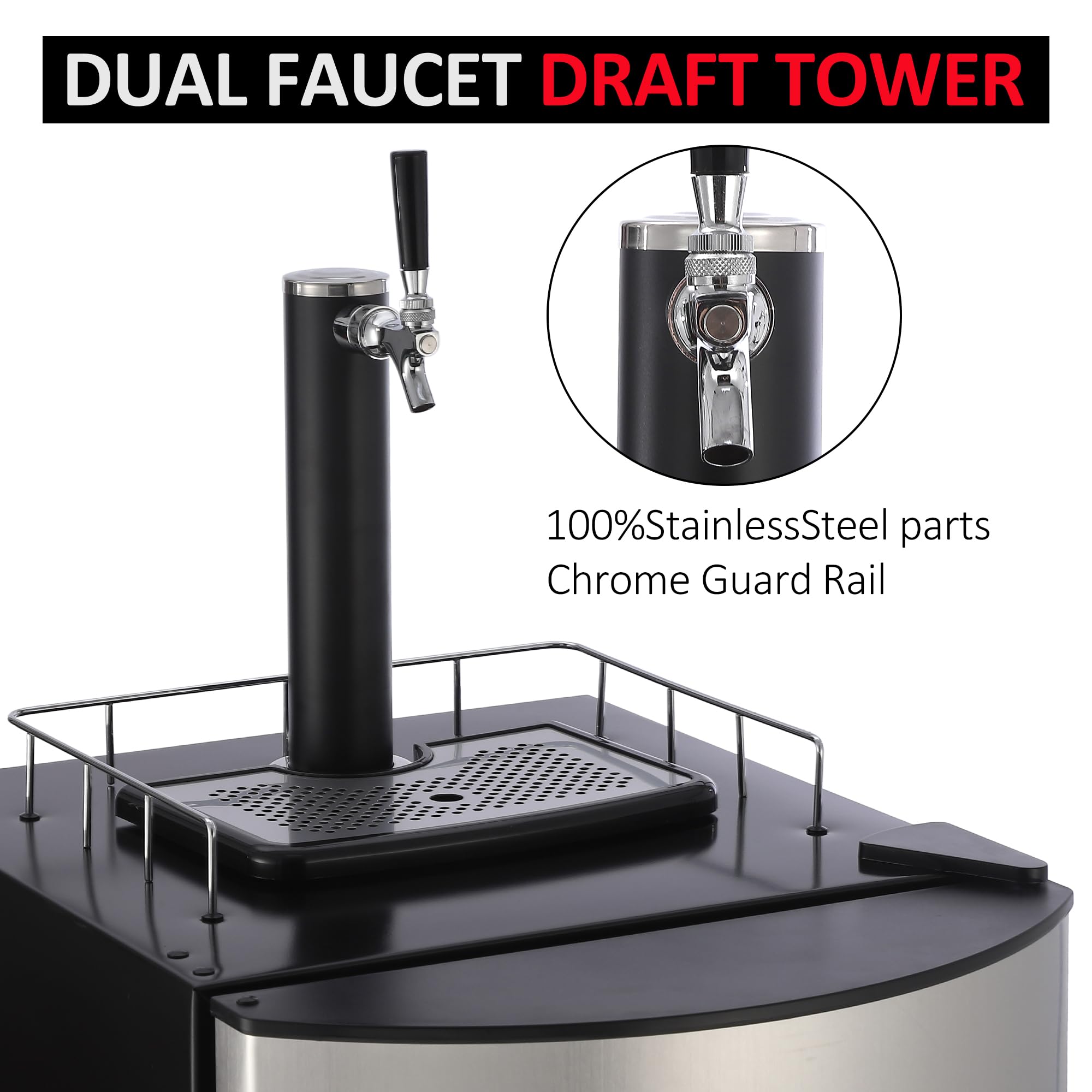 Garvee Kegerator and Keg Beer Cooler, Single Tap Draft Beer Dispenser, Full Size Keg Refrigerator With Shelves, Stainless Steel, Drip Tray & Rail- Silver
