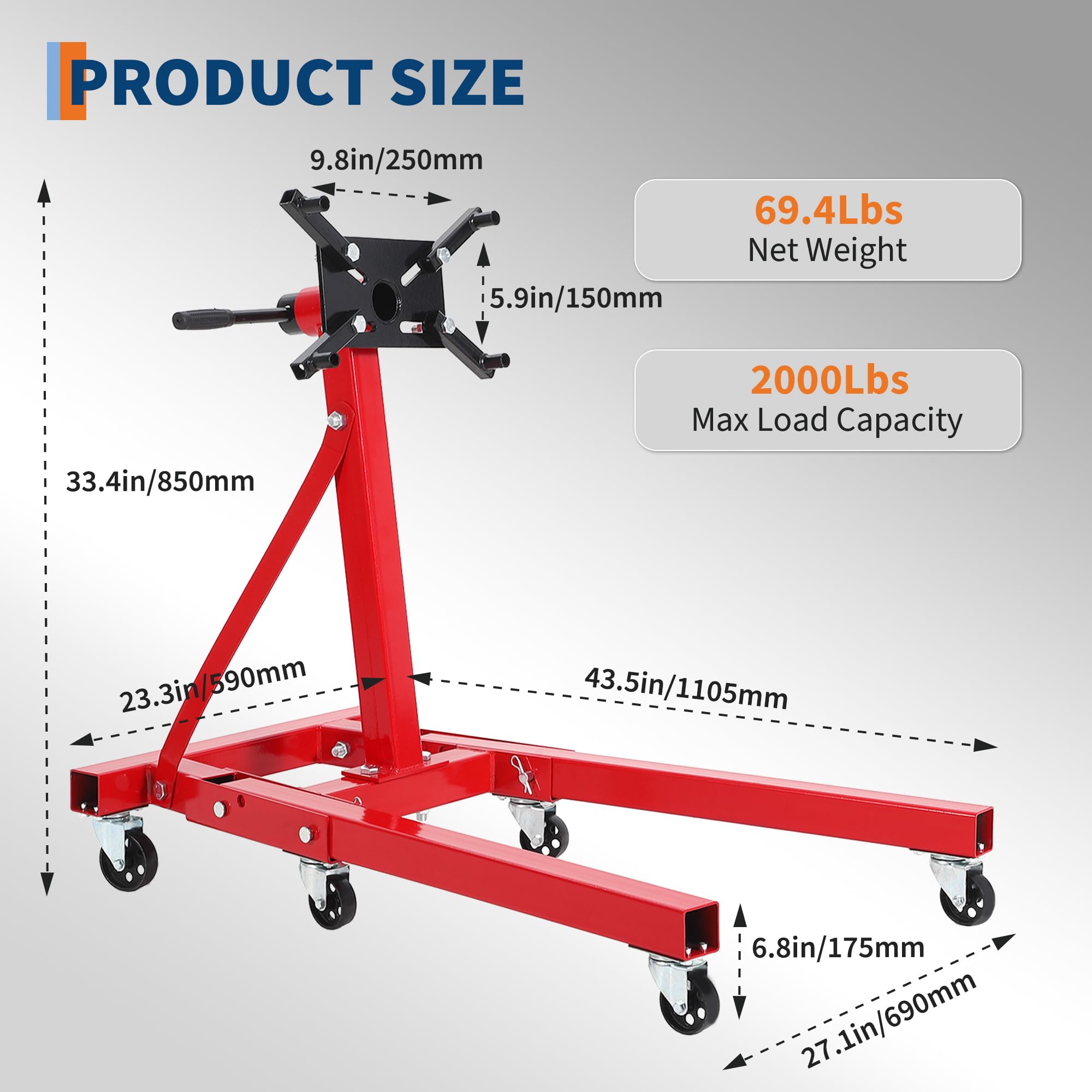Garvee Engine Stand 2000 LBS Rotating Motor Stand with 360° Rotating Head 4-Adjustable Arms 6-Casters for Vehicle Maintenance Auto Repair