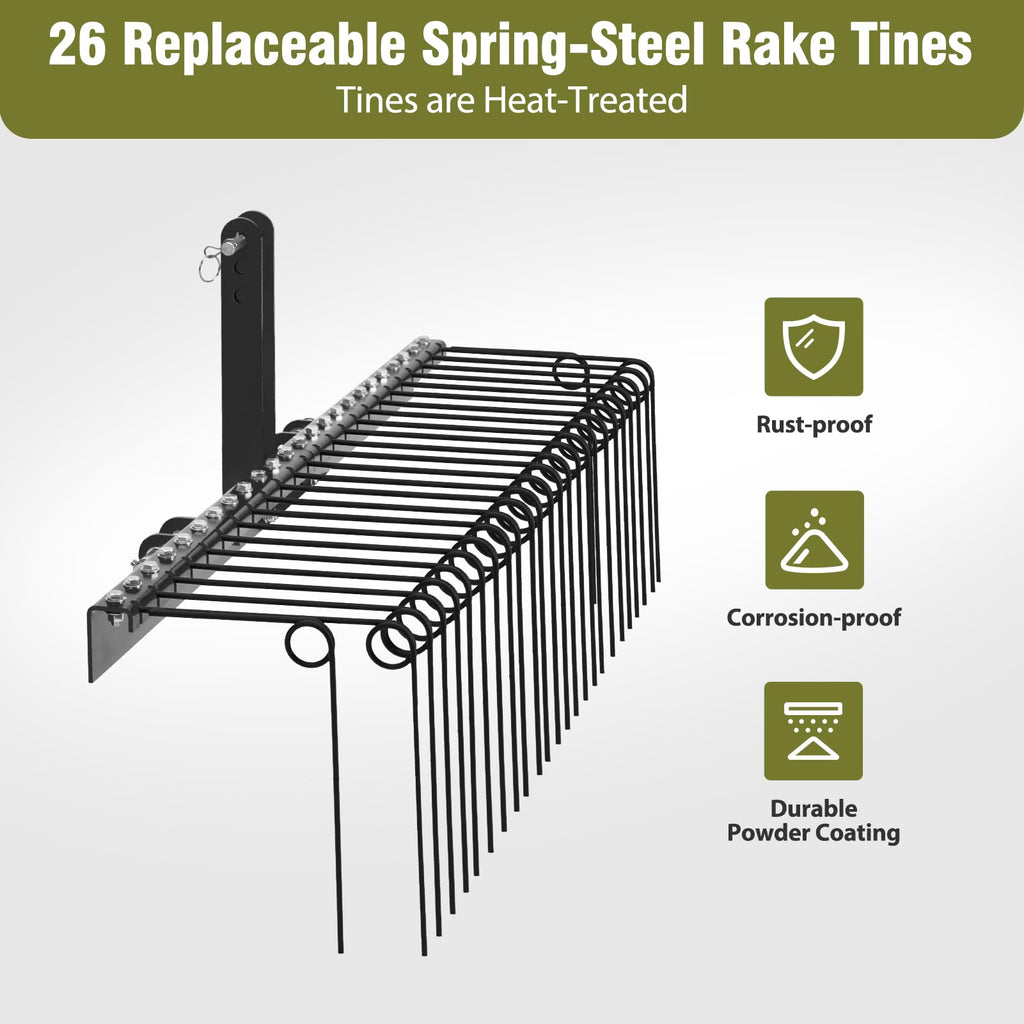Garvee 60" Pine Straw Rake Updated Version - 8mm Tines, Steel Tow Behind for Cat 0/1 Tractors - Ideal for Leaves & Grass, Black