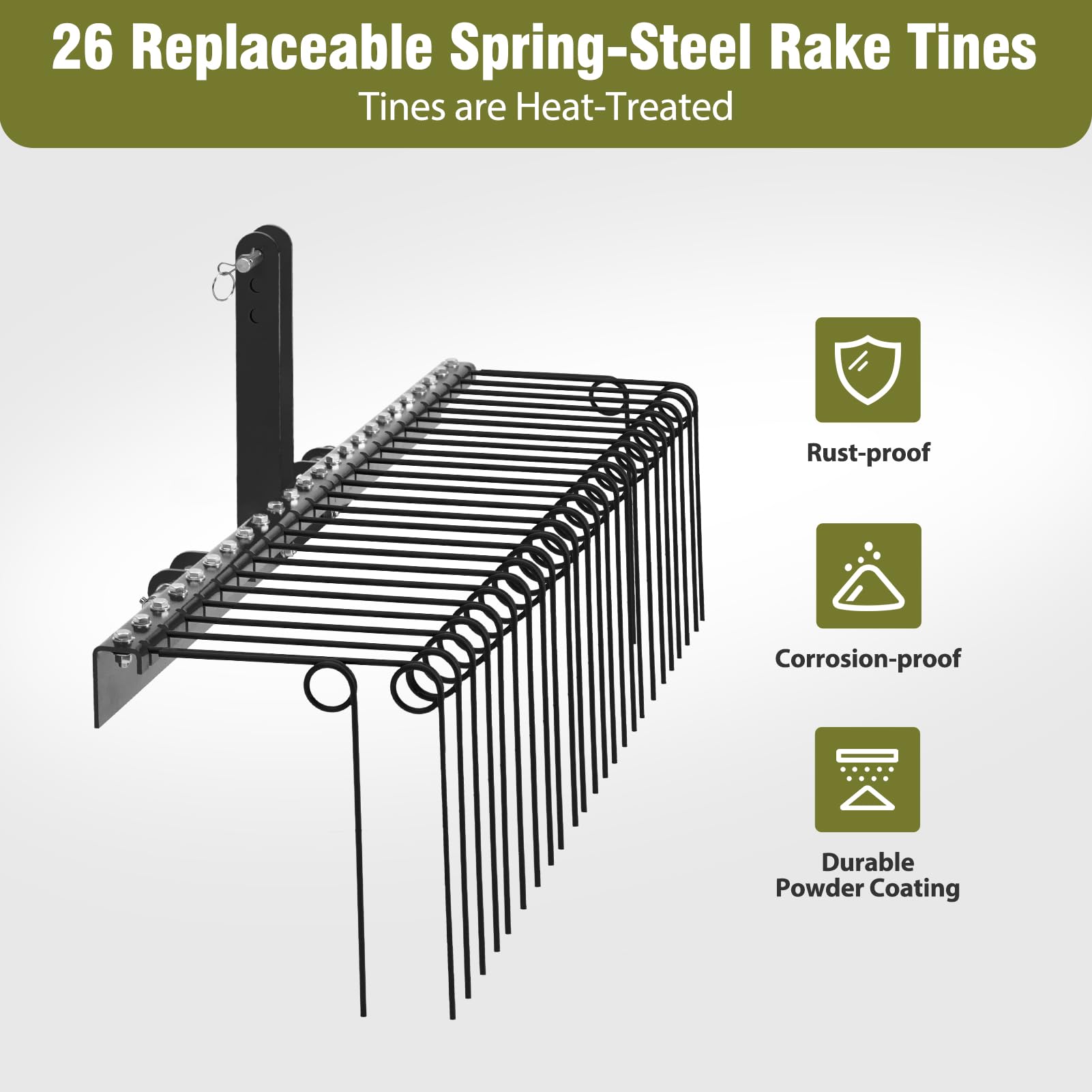 Garvee 60 Inch Pine Straw Rake, 6mm Rake Needle, 26 Coil Spring Tines Durable Powder Coated Steel Tow Behind Landscape Rake with 3 Point Hitch Receiver Attachment Fit to Cat0 Cat 1 Tractors for Leaves Grass, Black