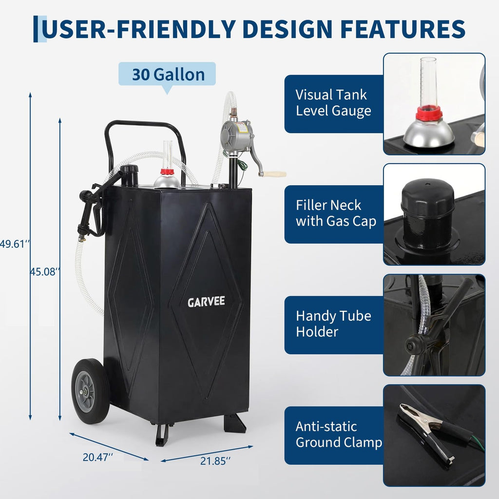 Garvee 30 Gallon Fuel Gas Caddy, Portable Storage Tank with Wheels and Manual Hand Pump for Gasoline and Diesel Transfer, Suitable for ATV, Car, Mower, Tractor, and Boat, Black