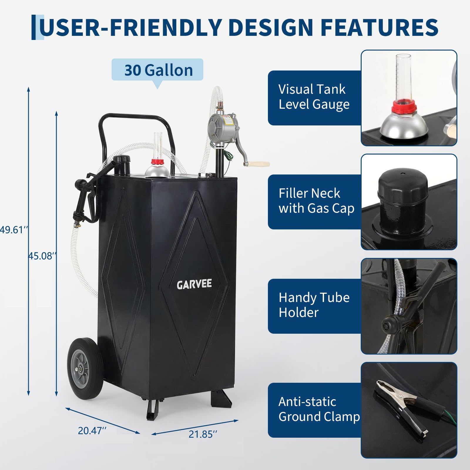 Garvee 30 Gallon Fuel Gas Caddy, Portable Storage Tank with Wheels and Manual Hand Pump for Gasoline and Diesel Transfer, Suitable for ATV, Car, Mower, Tractor, and Boat, Black