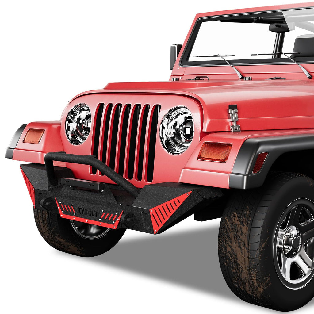 Garvee Front Bumper Compatible with 1987-2006 Jeep Wrangler TJ & YJ, Off Road Textured Bumper with Winch Plate, 2 D-Rings, Paintable Armor