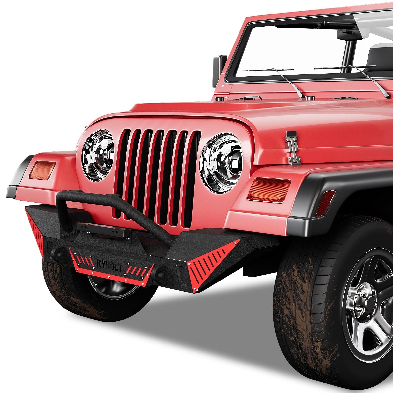 Garvee Front Bumper Compatible with 1987-2006 Jeep Wrangler TJ & YJ, Off Road Textured Bumper with Winch Plate, 2 D-Rings, Paintable Armor