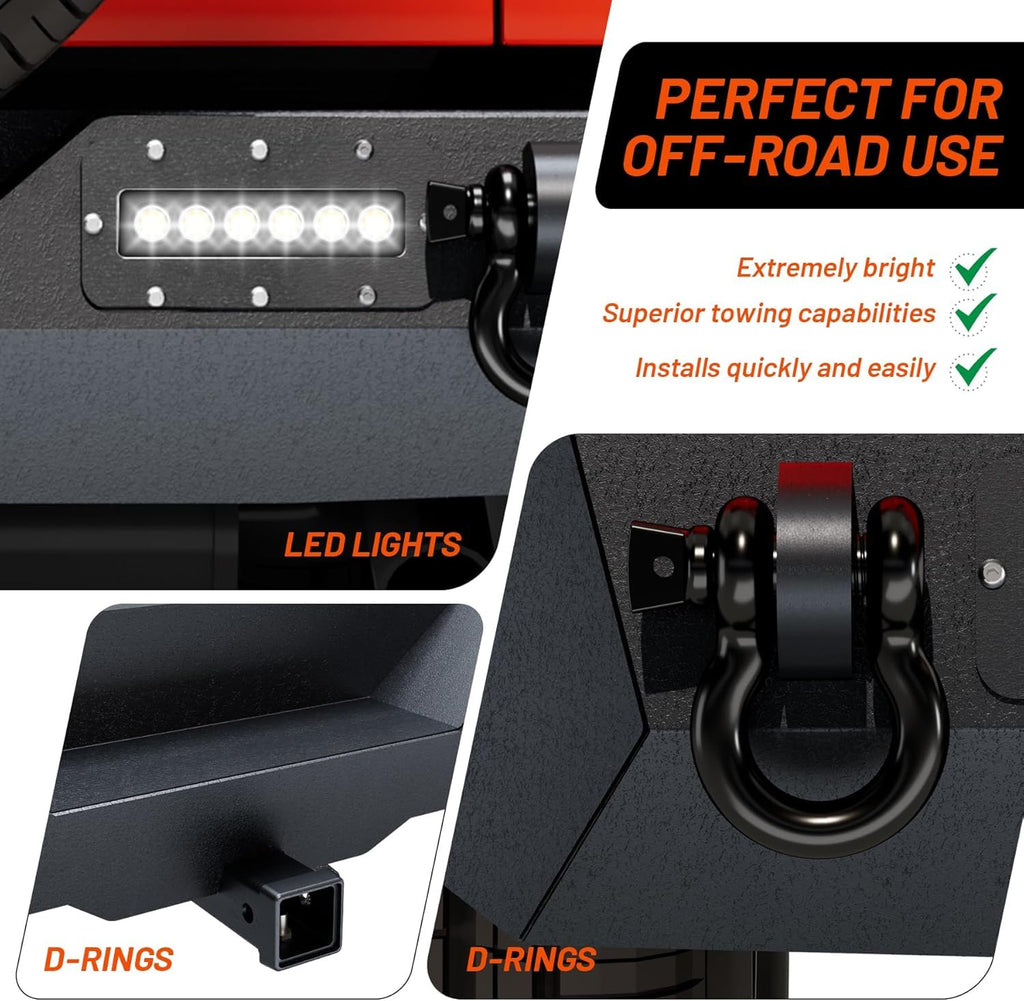 Garvee Rear Bumper Compatible with Wrangler TJ 1997-2006, Full Width Off-Road Rock Crawler Bumper, Heavy Duty Steel, Black, 2/4 Doors, LED Lights & D-Rings