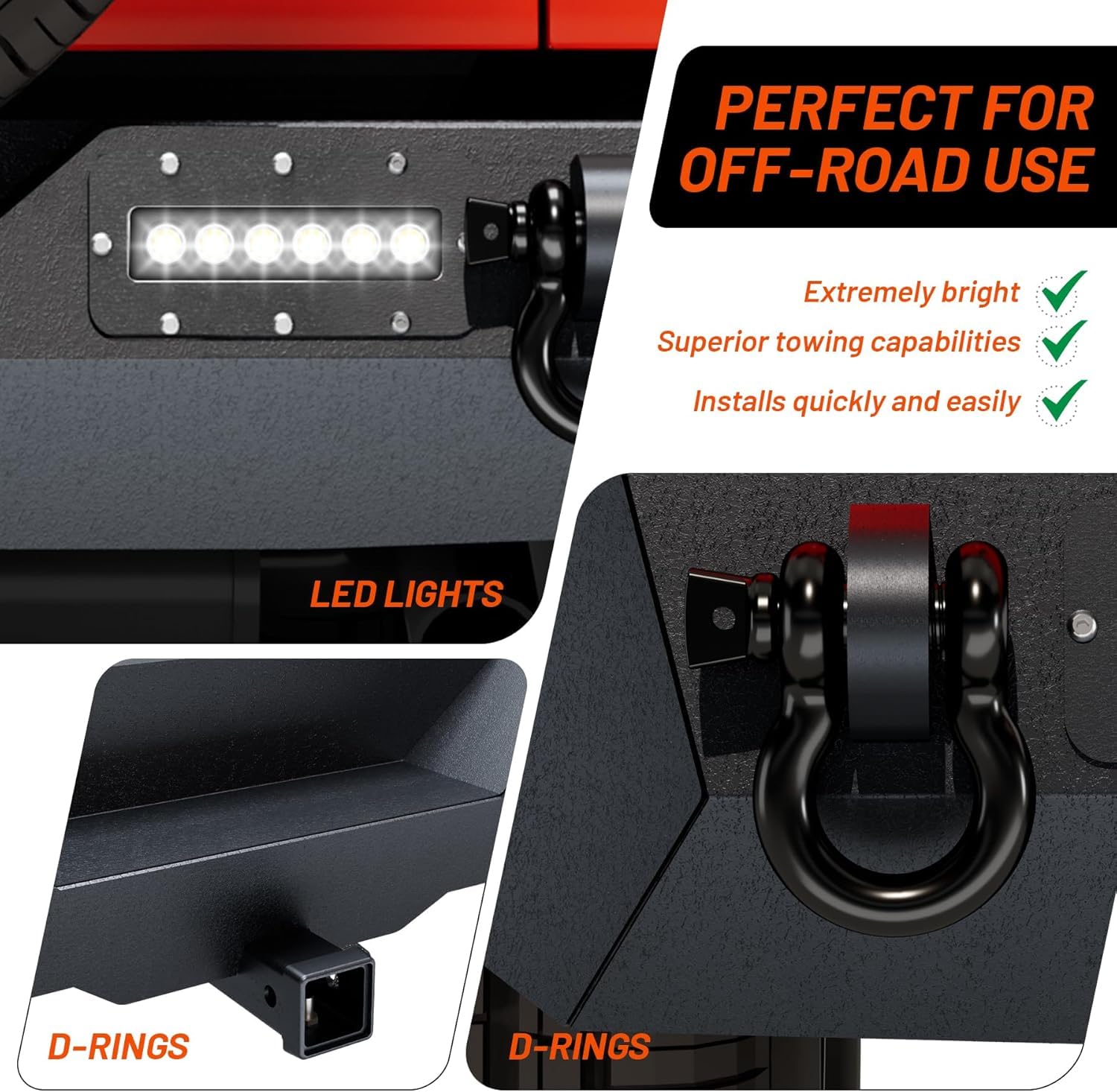 Garvee Rear Bumper Compatible with Wrangler TJ 1997-2006, Full Width Off-Road Rock Crawler Bumper, Heavy Duty Steel, Black, 2/4 Doors, LED Lights & D-Rings