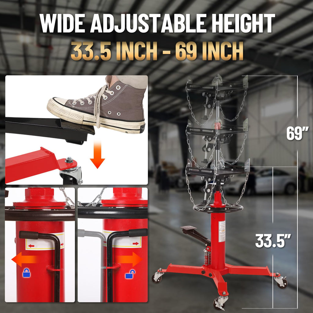 Garvee Dual Plunger Hydraulic Transmission Jack 1322lbs Capacity Red, 33.5"-69" Adjustable Lift, 2-Stage Telescoping, Non-Slip Pad, Foot Pedal & Swivel Wheel