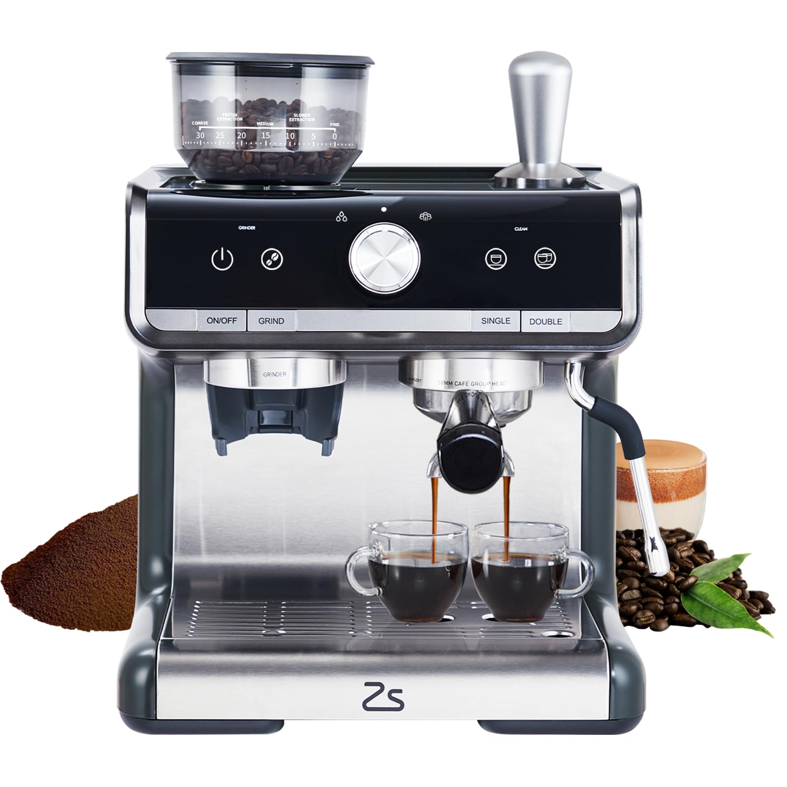 Garvee Professional Espresso Machine with Grinder: Brew Barista-Quality Coffee at Home,Professional Espresso Maker with Milk Frother Steam Wand, 20 Bar Barista Cappuccino Machine - Gray
