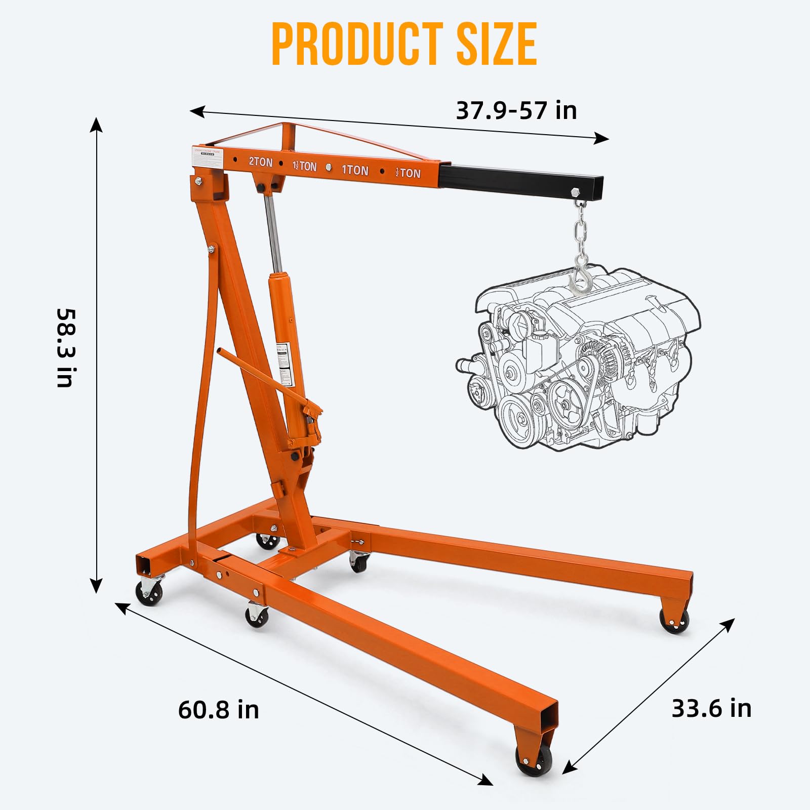 Garvee Cherry Picker Engine Hoist - 4400lbs Folding Hydraulic Engine Crane with 6 Casters and Telescopic Boom Hitch for Heavy-Duty Shop Use, Orange