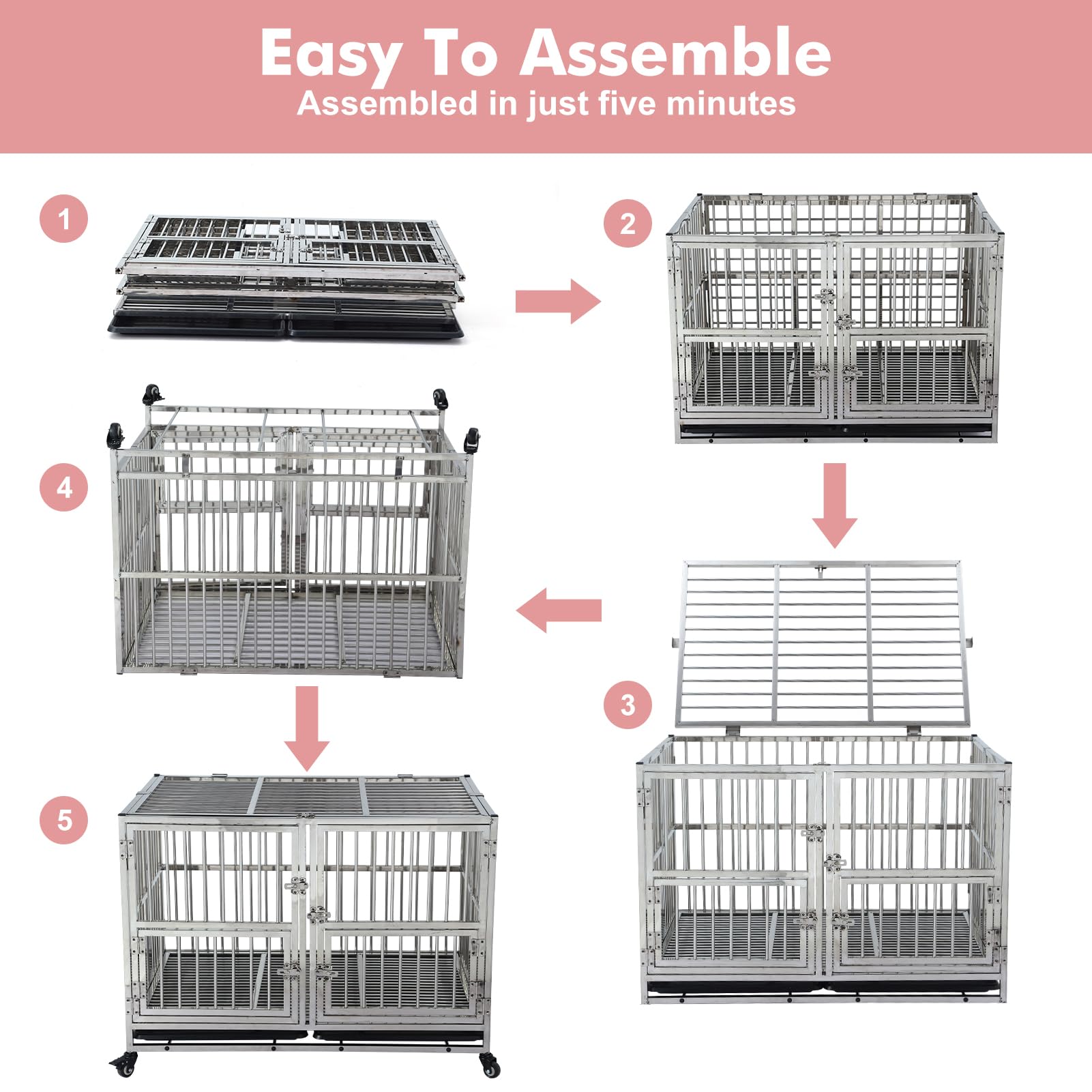 Garvee 48" Heavy Duty Dog Crate Cage Kennel with Isolation Fence, Full Stainless Steel High Anxiety Indestructible Dog Crate, Small Door Design & Removable Tray Design, Silver