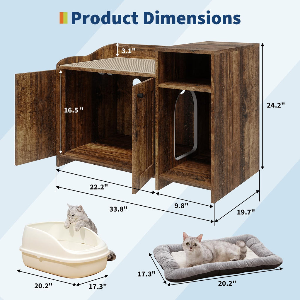 Garvee Cat Litter Box Enclosure Furniture Hidden Litter Box Cabinet Indoor Wooden Cat Washroom Side End Table with Storage Retro Color 33.9in L x 19.7in W x 24.2in H