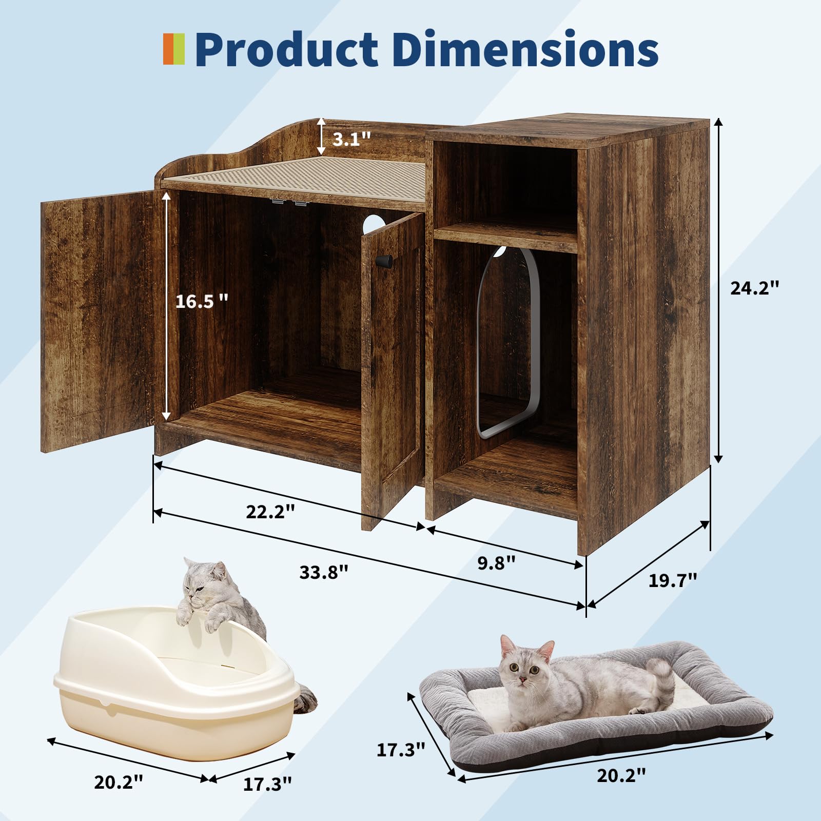 Garvee Cat Litter Box Enclosure Furniture Hidden Litter Box Cabinet Indoor Wooden Cat Washroom Side End Table with Storage Retro Color 33.9in L x 19.7in W x 24.2in H
