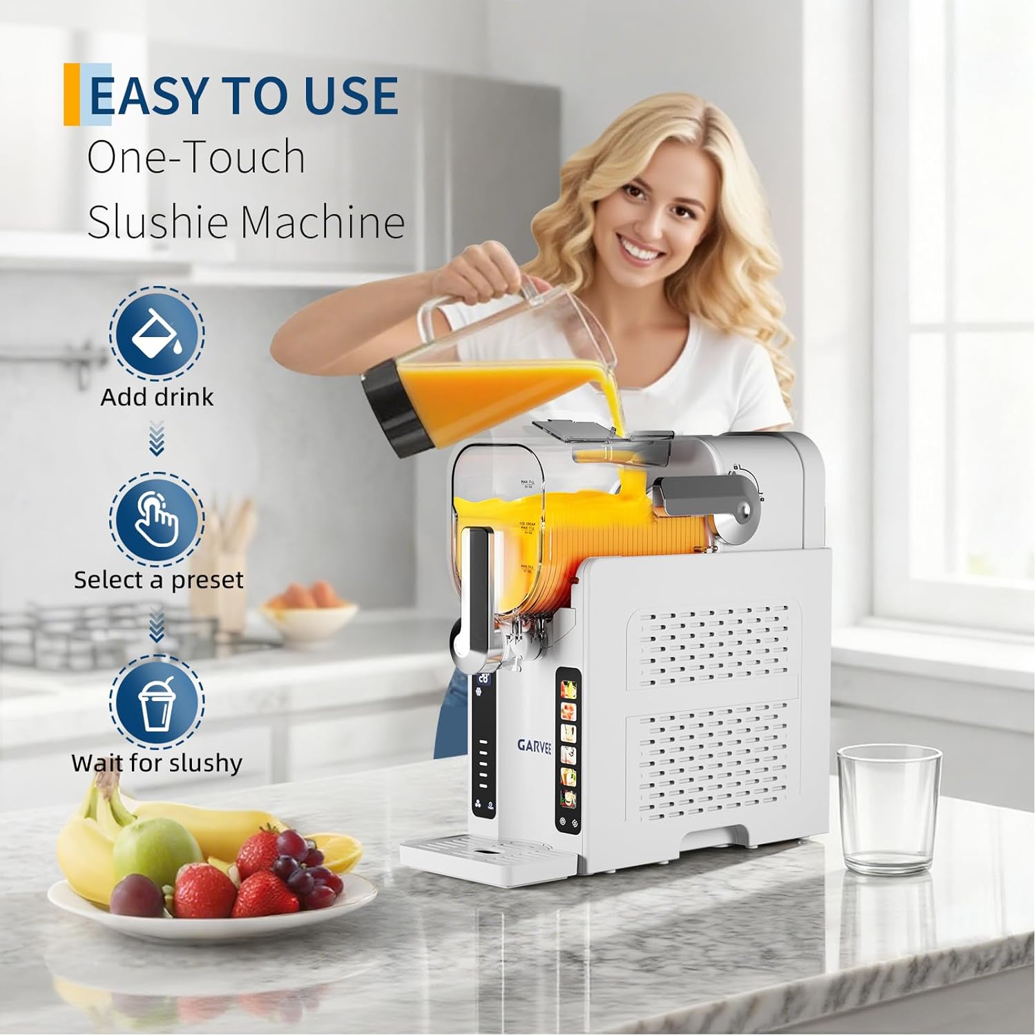 Garvee Slushie Machine for Home - 70 oz Ice-Free Frozen Drink Maker, Self-Cleaning Function with 6 Preset Programs for Margaritas, Frappés, Milkshakes, White