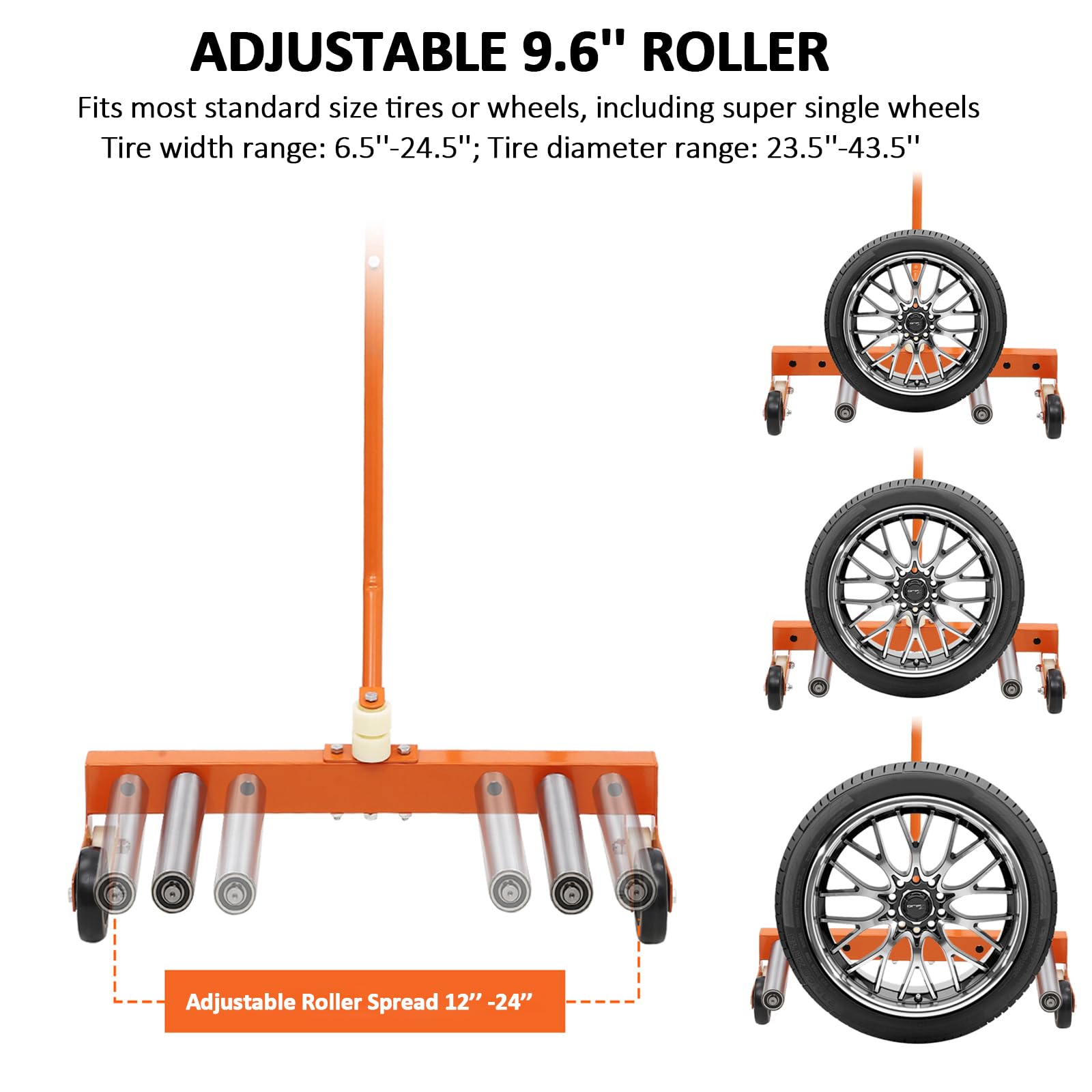 Garvee Tire Wheel Dolly, 330 LBS Adjustable Rolling Truck Tire Cart with 9.6in Rollers, 360° Rotation, Fits 6.5-24.5in Wide Tires for Workshop Garage, Orange