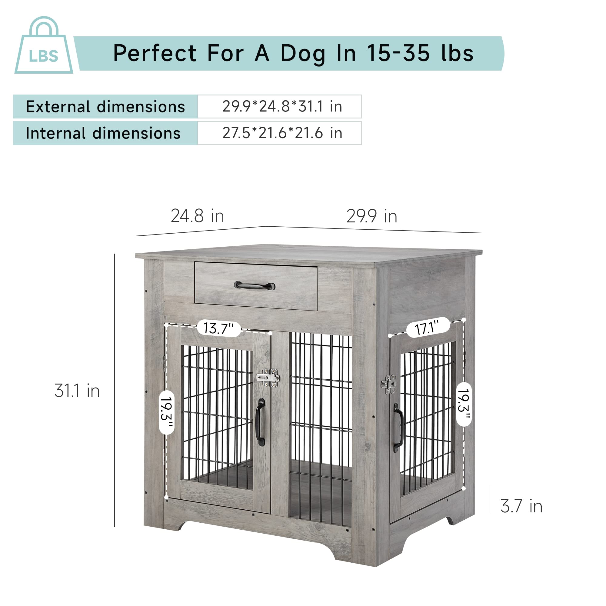 Garvee Wood Look Dog Crate End Table with Drawer, Chew-Proof Metal Fence, Indoor Pet Crate, Grey, Suitable for Small Dogs