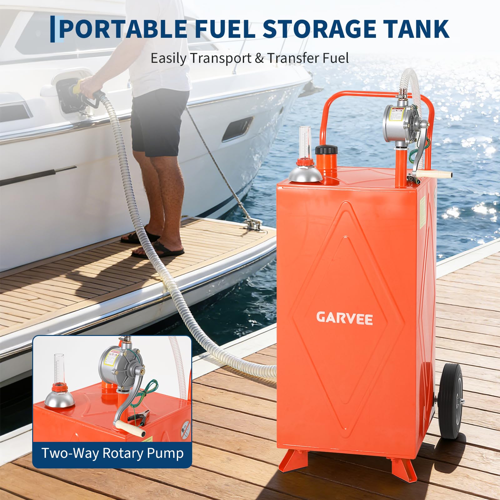 Garvee 30 Gallon Fuel Gas Caddy Storage Tank with Wheels, Reversible Manual Hand Pump, Anti-Static Clamp for ATV, Car, Mower, Tractor, Boat - Portable Gasoline/Diesel Transfer