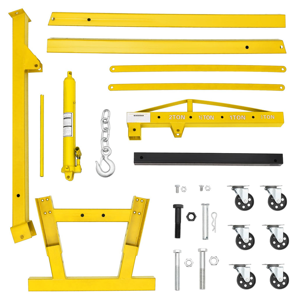 Garvee 2-Ton Folding Engine Hoist - 4400 lbs Capacity Cherry Picker Hydraulic Shop Crane with Telescoping Boom, 6 Caster Wheels, Hitch, and Storage Stand for Automotive Repair and Garage Use, Yellow