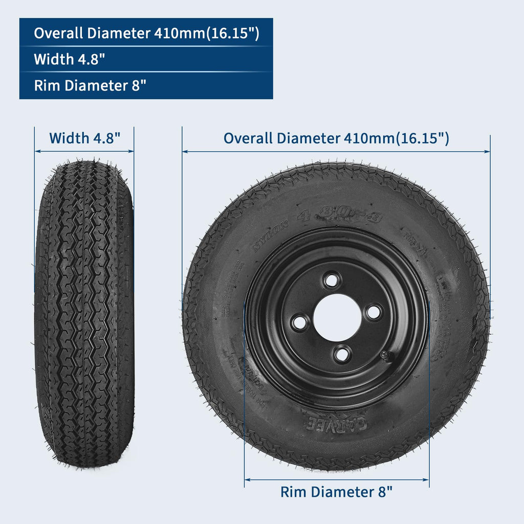 Garvee 4.80-8 Trailer Tires with Rims, 2 Pack, Load Range C 6PLY, 8"x3.75" Black Wheels 4 Lug on 4", Max Load 590 LBS @ 60 PSI, Reinforced Nylon Construction for Utility, Cargo & Boat Trailers