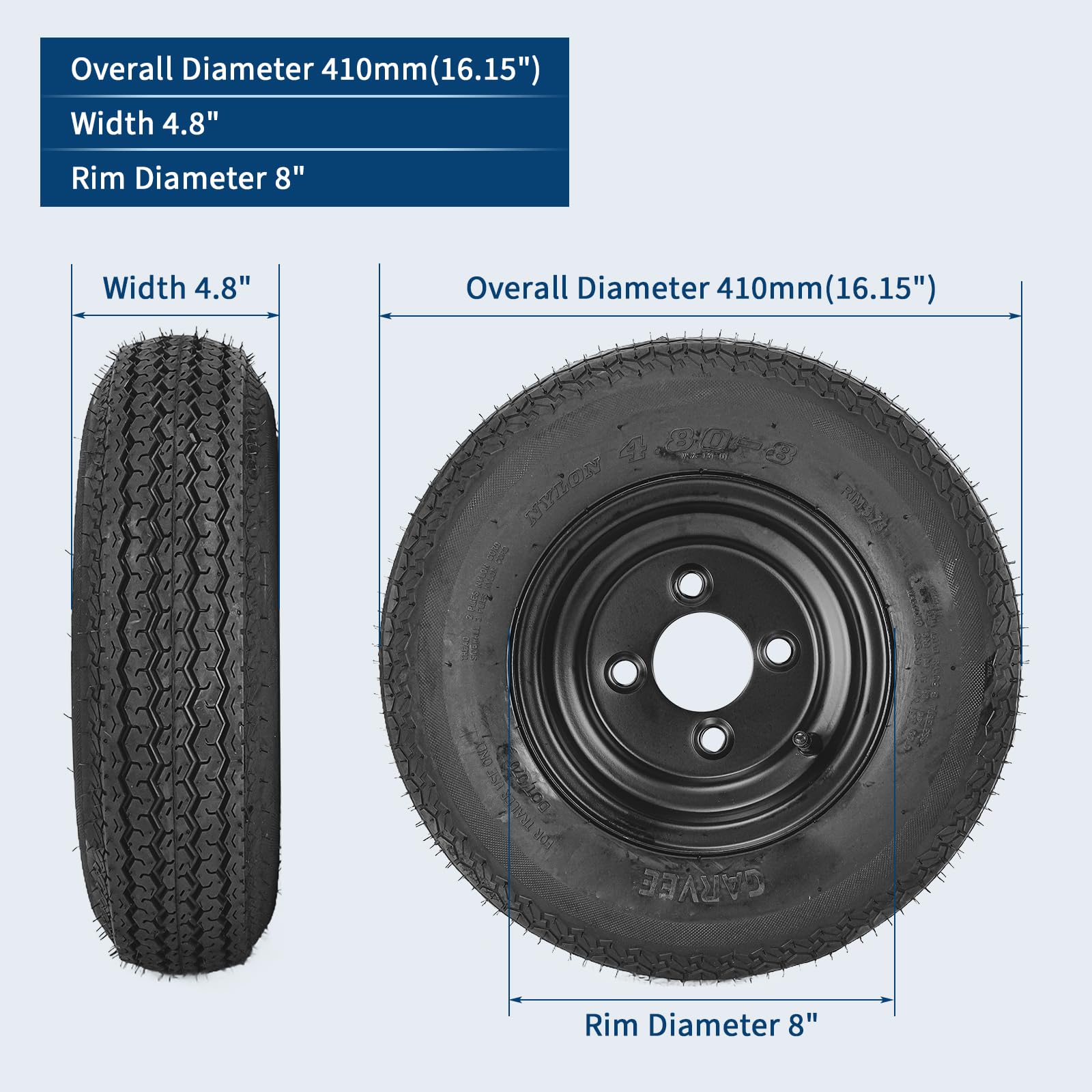 Garvee 4.80-8 Trailer Tires with Rims, 2 Pack, Load Range C 6PLY, 8"x3.75" Black Wheels 4 Lug on 4", Max Load 590 LBS @ 60 PSI, Reinforced Nylon Construction for Utility, Cargo & Boat Trailers