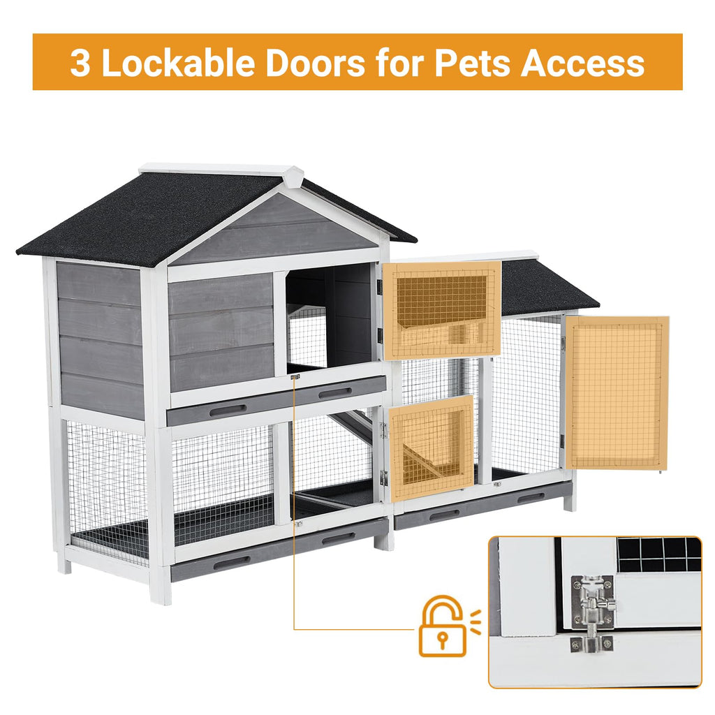 Garvee  Two Floors 63" Wooden Outdoor Indoor Roof Waterproof Bunny Hutch Rabbit Cage Guinea Pig Coop PET House for Small to Medium Animals with Stairs and Cleaning Tray