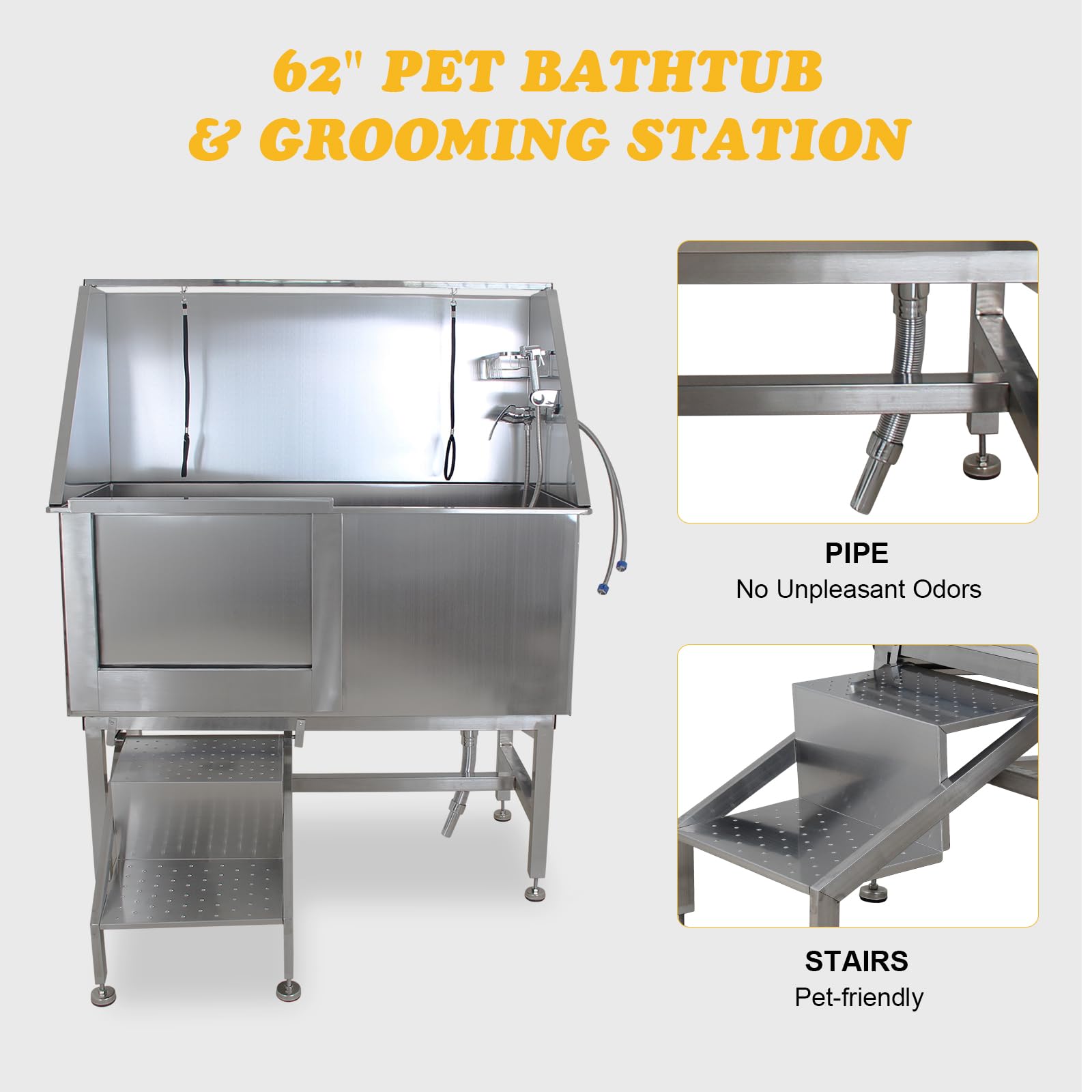 Garvee 62" Dog Grooming Tub, Pet Wash Station, Professional Stainless Steel Pet Grooming Tub with Ramp, Faucet, Sprayer, and Drain Kit
