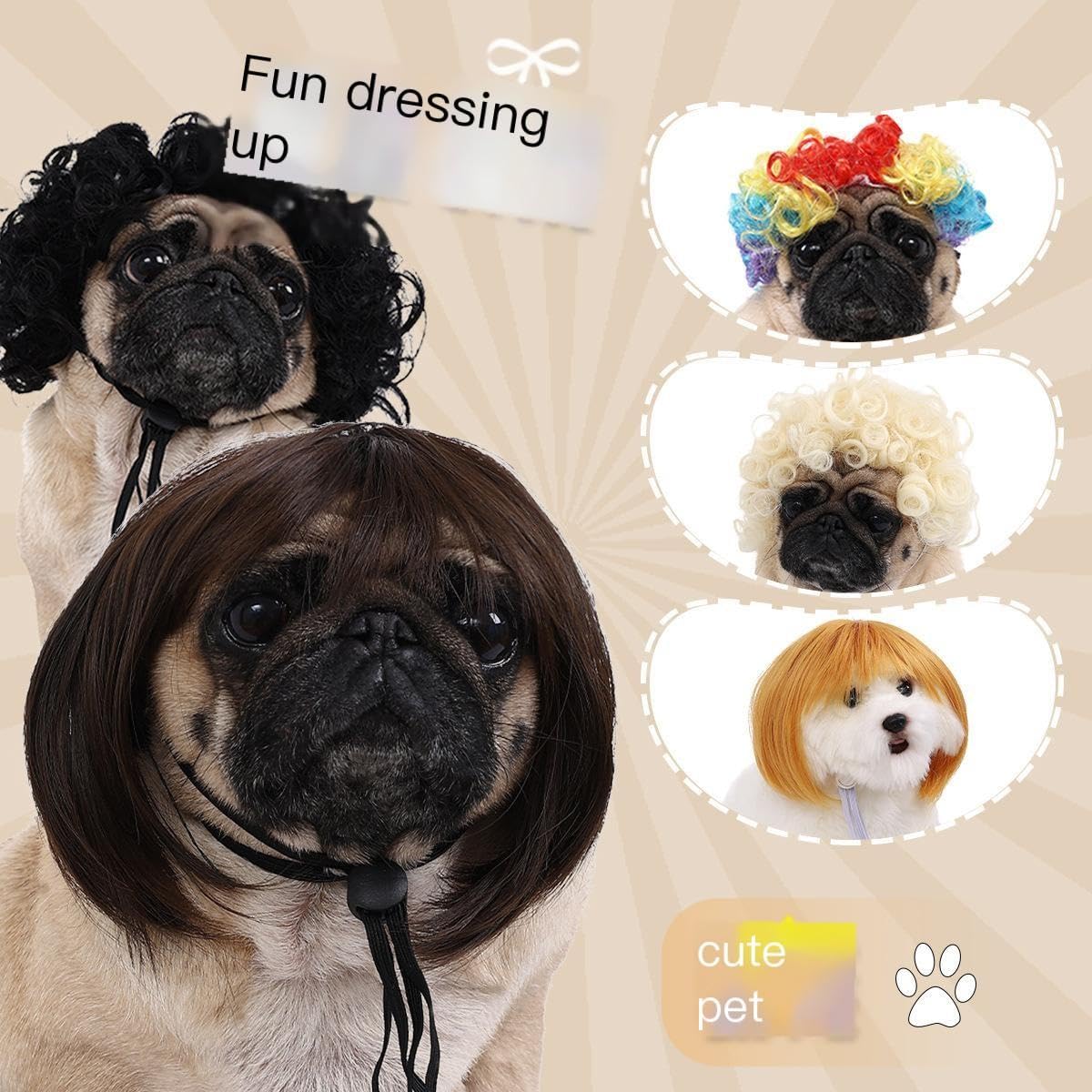 Garvee Funny Dog Cosplay Wig, Fashion Headwear Apparel Toy, Pet Supplies, Dog Dress Up for Halloween, Christmas, Parties, Festivals, Dog Wigs for Small Medium and Large Dogs