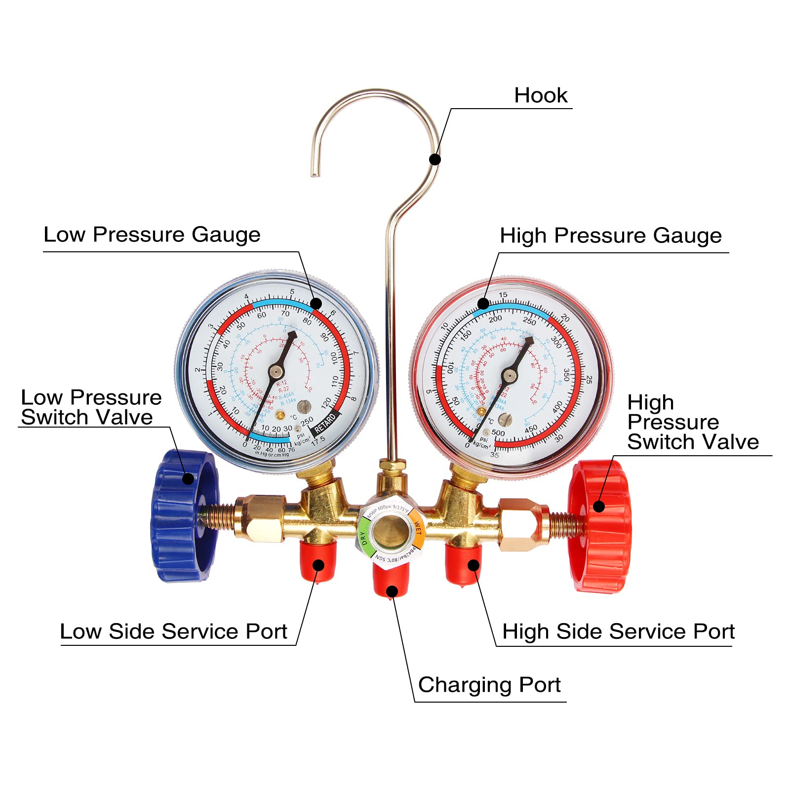Garvee AC Diagnostic Manifold Gauge Set,Compatible for R134A, R22, R410 Home Car Refrigeration Charging, with Couples, 5FT Hoses(250Psi-500Psi)