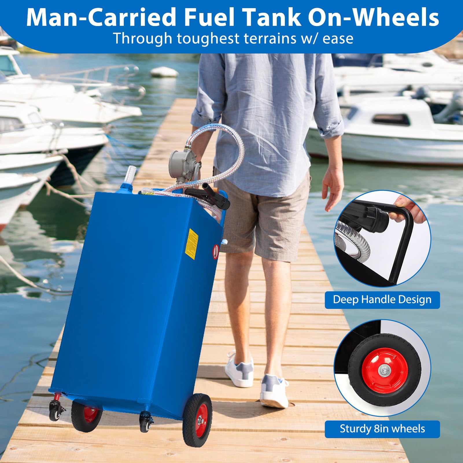 Garvee 30 Gallon Fuel Caddy with Manual Transfer Pump Heavy-Duty Stainless Steel 4-Wheel Mobile Design for Gasoline & Diesel