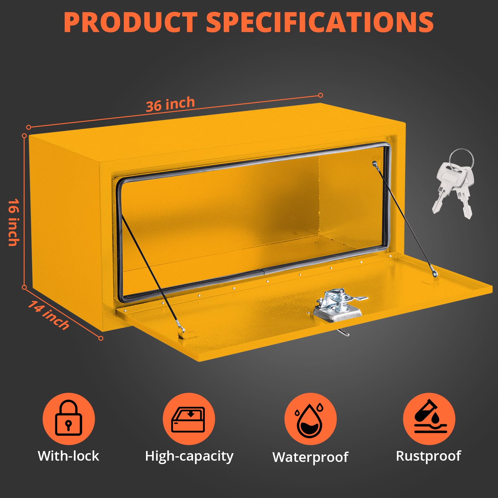 Garvee 36x14x16 Inch Underbody Truck Box Black Steel Lockable Waterproof Toolbox for Tools Storage Heavy Duty Organizer, Yellow
