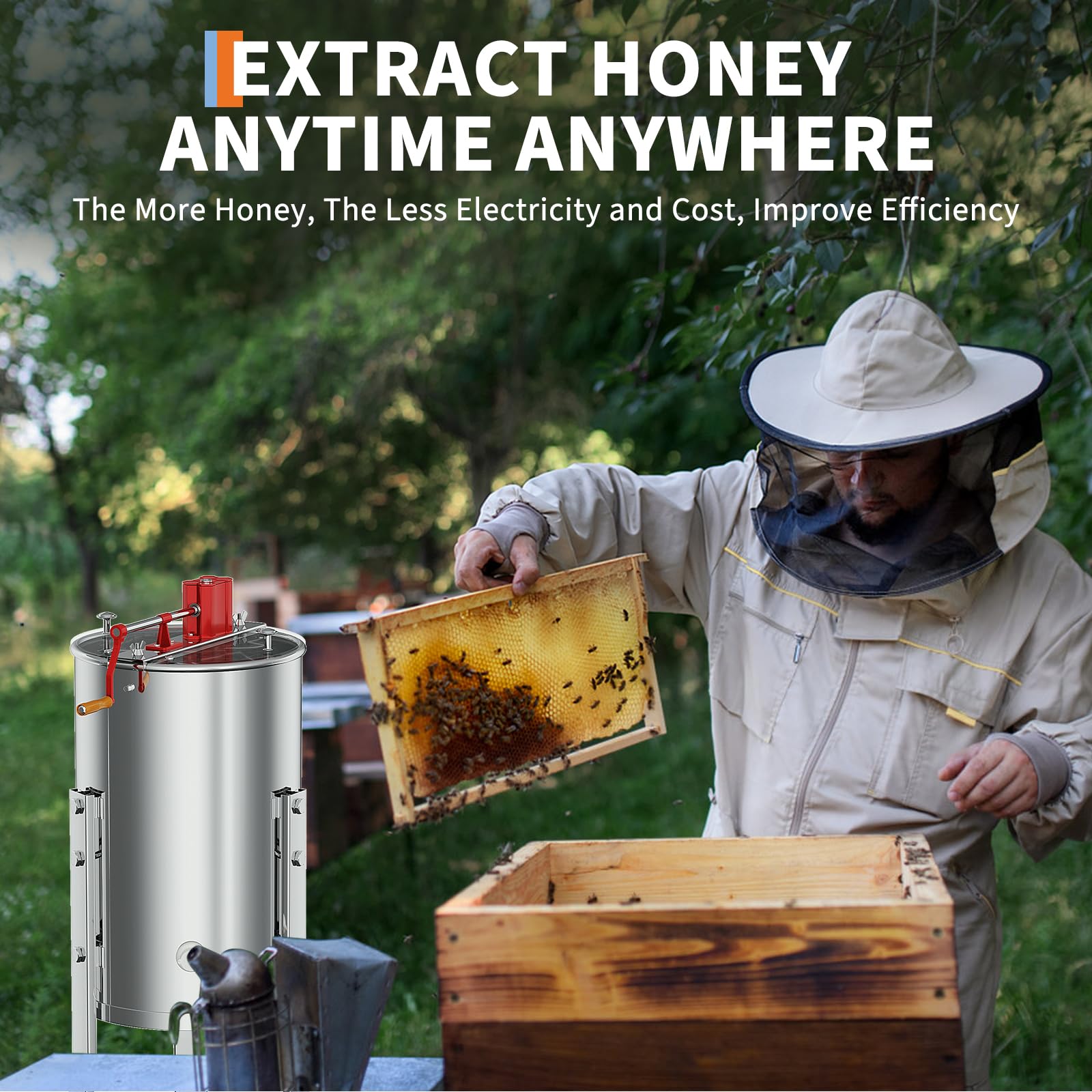 Garvee  2/4 Frame Manual Honey Extractor with Side Handles, Food-Grade Stainless Steel Beekeeping Extractor with Adjustable Stand