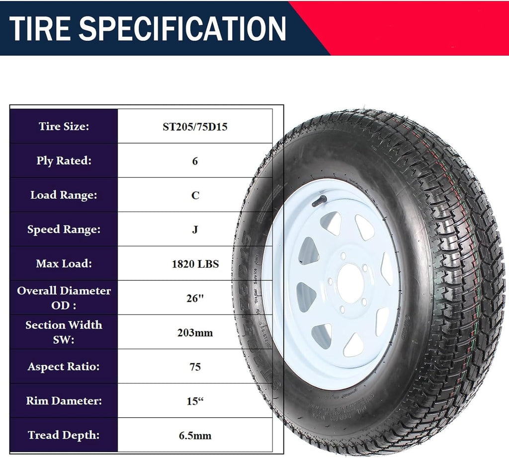 Garvee ST205/75D15 Trailer Tires (2 Pack), 6PR Load Range C, 5 Lug 4.5", 15" Rim, Fuel-saving Bias Ply, Max Load 1820 LBS for Travel, Cargo, Boat, Utility Trailers