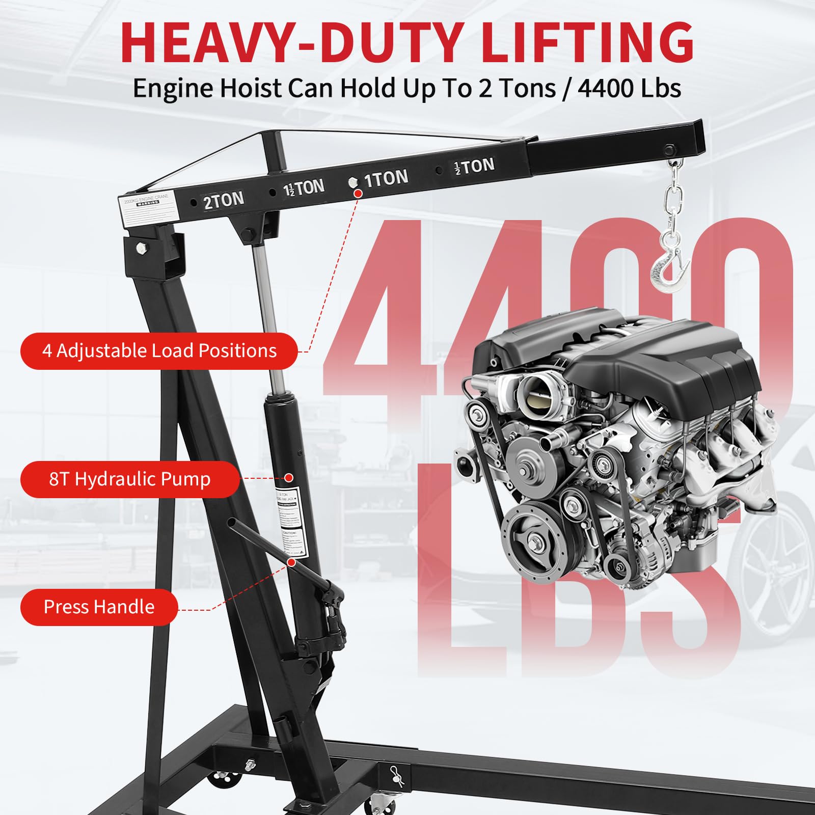 Garvee 2-Ton Folding Engine Hoist - 4400 lbs Capacity Cherry Picker Hydraulic Shop Crane with Telescoping Boom, 6 Caster Wheels, Hitch, and Storage Stand for Automotive Repair and Garage Use, Black