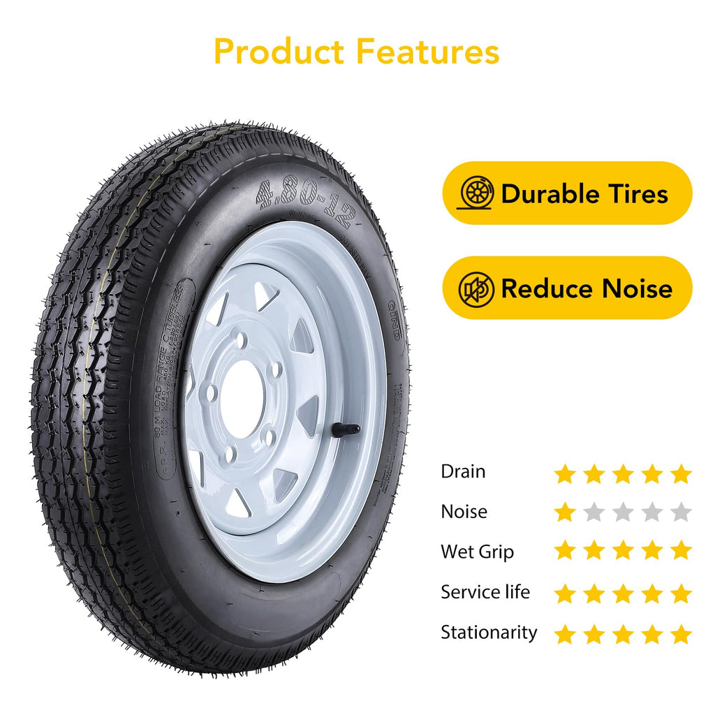 Garvee 2 Trailer Tires 4.80-12 with 12" Rims, 6PR, 5 Lug 4.5", Load Range C, Heavy Duty 6 Ply for Utility/Cargo/Boat Trailers, Black