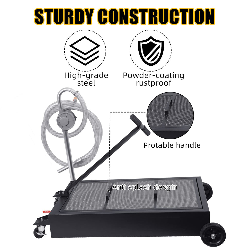 Garvee 25 Gal Hand Pump Oil Drain Pan with 95L Foldable Low Profile, Large Cap - Black