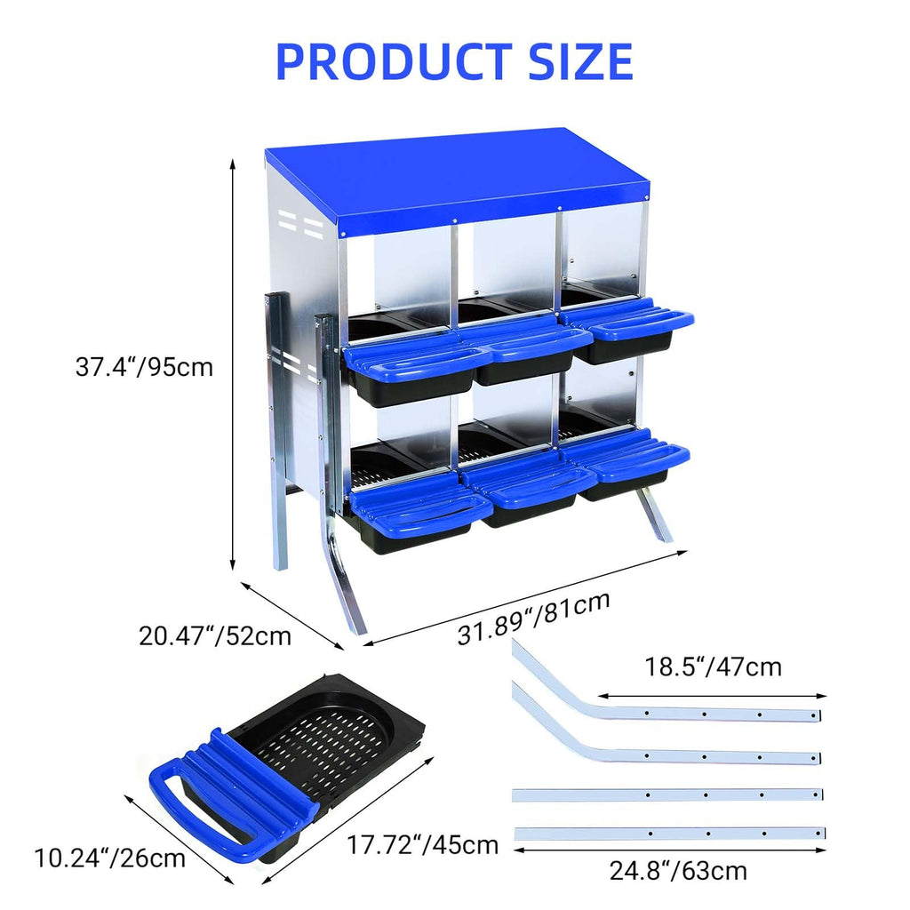Garvee Chicken Nesting Box 6-Hole Roll Away Egg Laying Box with Lid Heavy-Duty Galvanized Steel Rustproof Design Blue with Bracket Legs