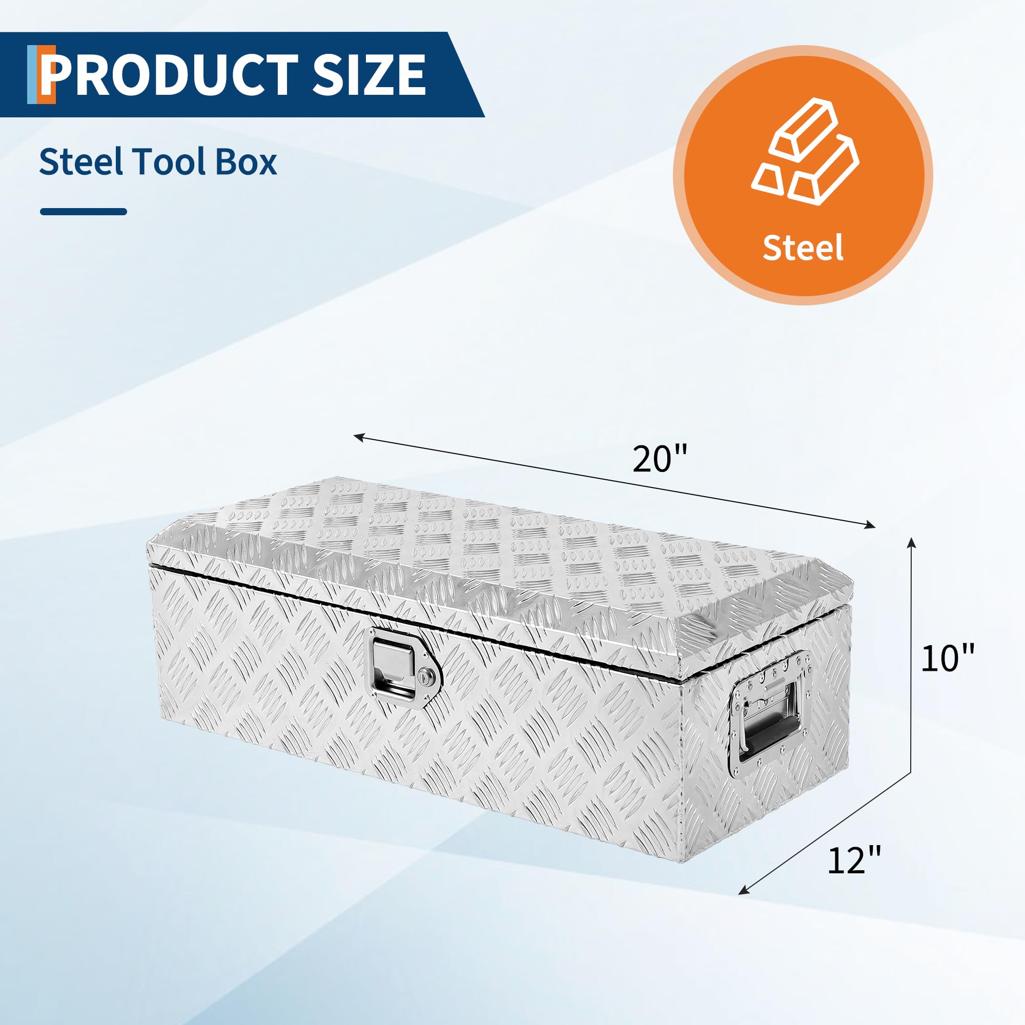 Garvee 20X12 Inch Truck Bed Tool Box, Heavy-Duty Aluminum Diamond Plate Storage Chest, Waterproof with Lock, for Trucks, Trailers, RVs, and Warehouses, Silver